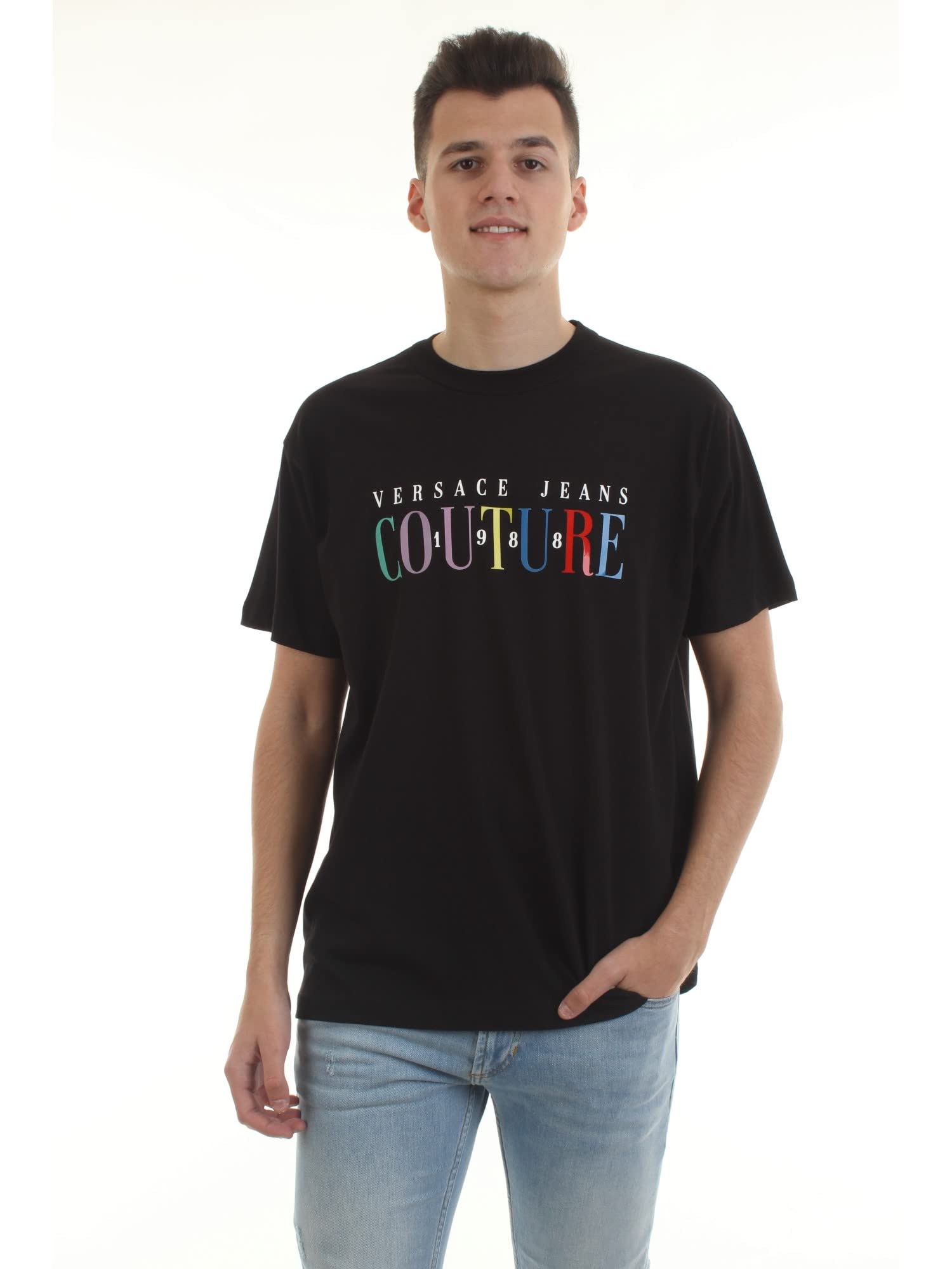 Versace Jeans Couture Men's Black Short Sleeve T-Shirt with Colorful Logo - Stylish Casual Wear for Summer Outings & Street Fashion