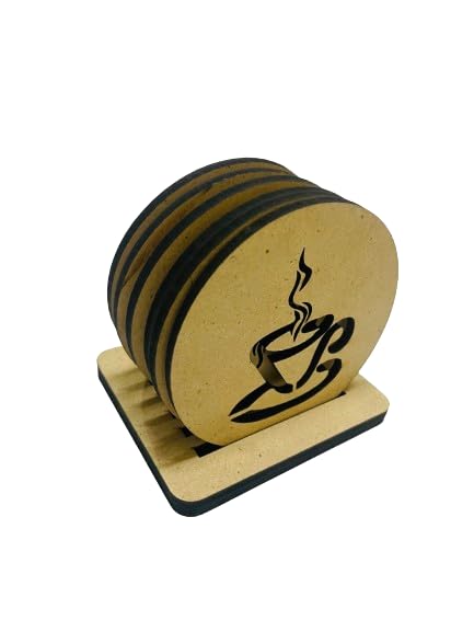6-Piece Wooden Round Coaster Set with Decorative Holder - Absorbent Tabletop Coasters for Tea, Coffee, Mugs & Beer Cans - Rustic Indian Handicrafts for Home, Bar & Office Decor