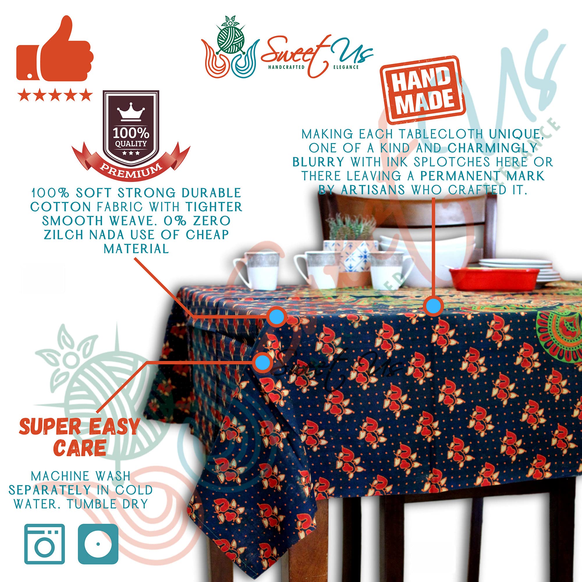 Premium Cotton Floral Tablecloth for Rectangle Tables - Peacock Green Orange Rust Gold Design - 54 x 84 Inch Washable Table Cover for Dining Room, Kitchen, Patio & Outdoor Events