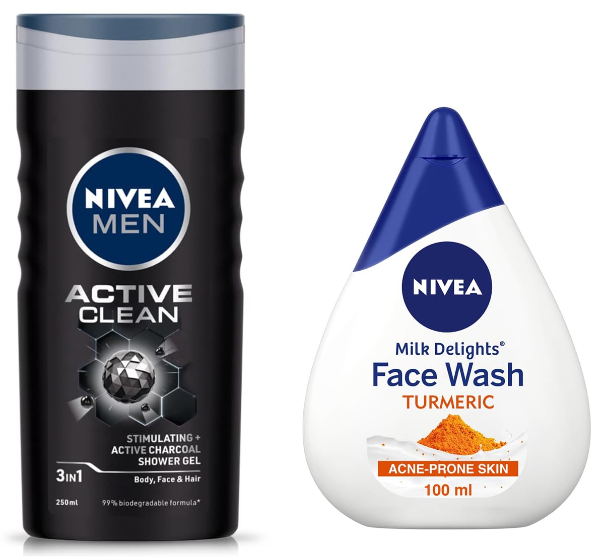 Nivea Women's Turmeric Milk Face Wash for Acne-Prone Skin - 100ml & NIVEA Men's Active Clean Charcoal Body Wash - Shower Gel for Body, Face & Hair - 250ml | Gentle Cleansing for Daily Skincare & Refreshing Shower Experience