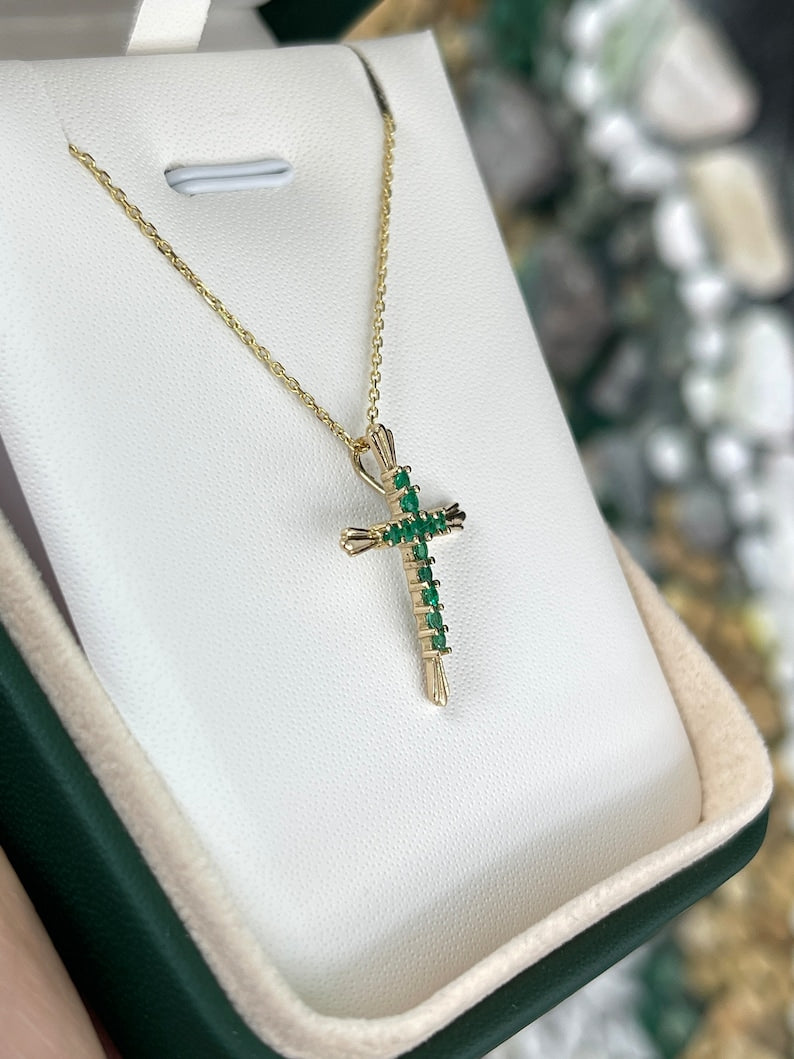 0.95tcw Zambian Emerald Bluish Green Cross Pendant in 18K Gold - Perfect for Religious Gifts, Baptism, First Communion & Spiritual Jewelry Collection