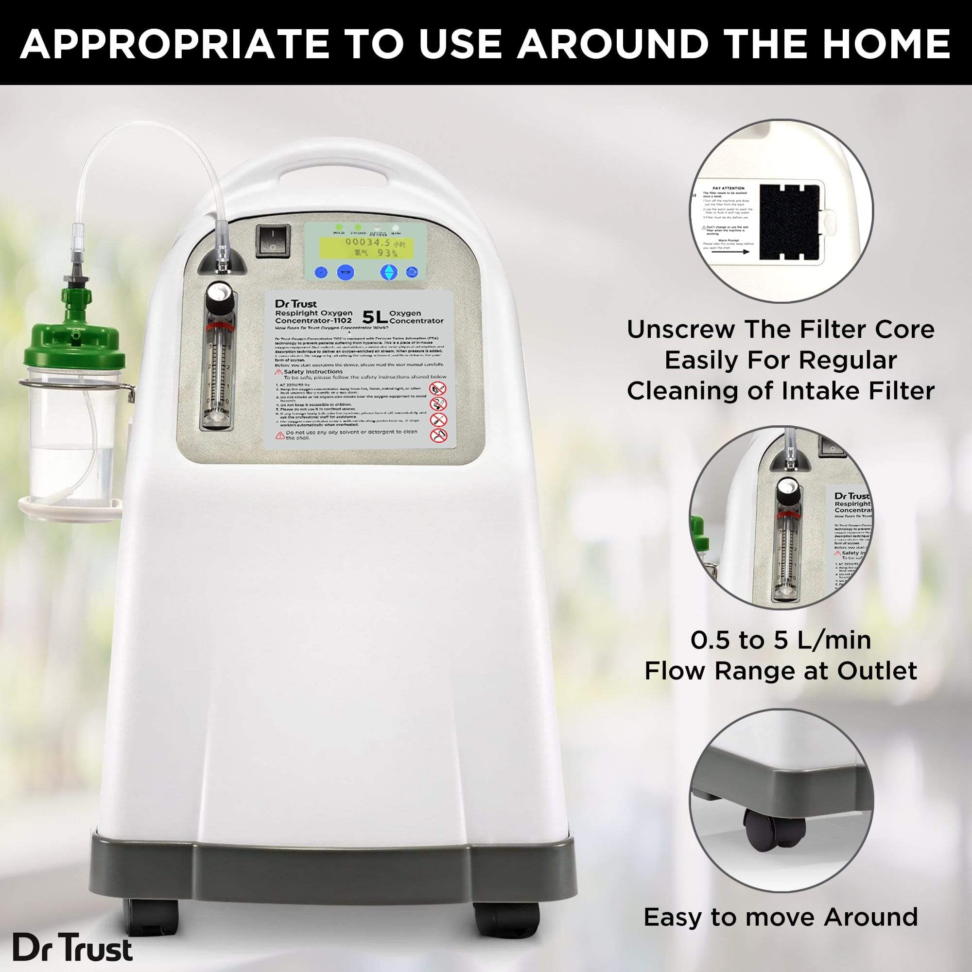 Dr Trust USA 5L Oxygen Concentrator for Home Use - Portable Medical Oxygen Machine with Adjustable Flow - Ideal for COPD, Sleep Apnea & Respiratory Therapy