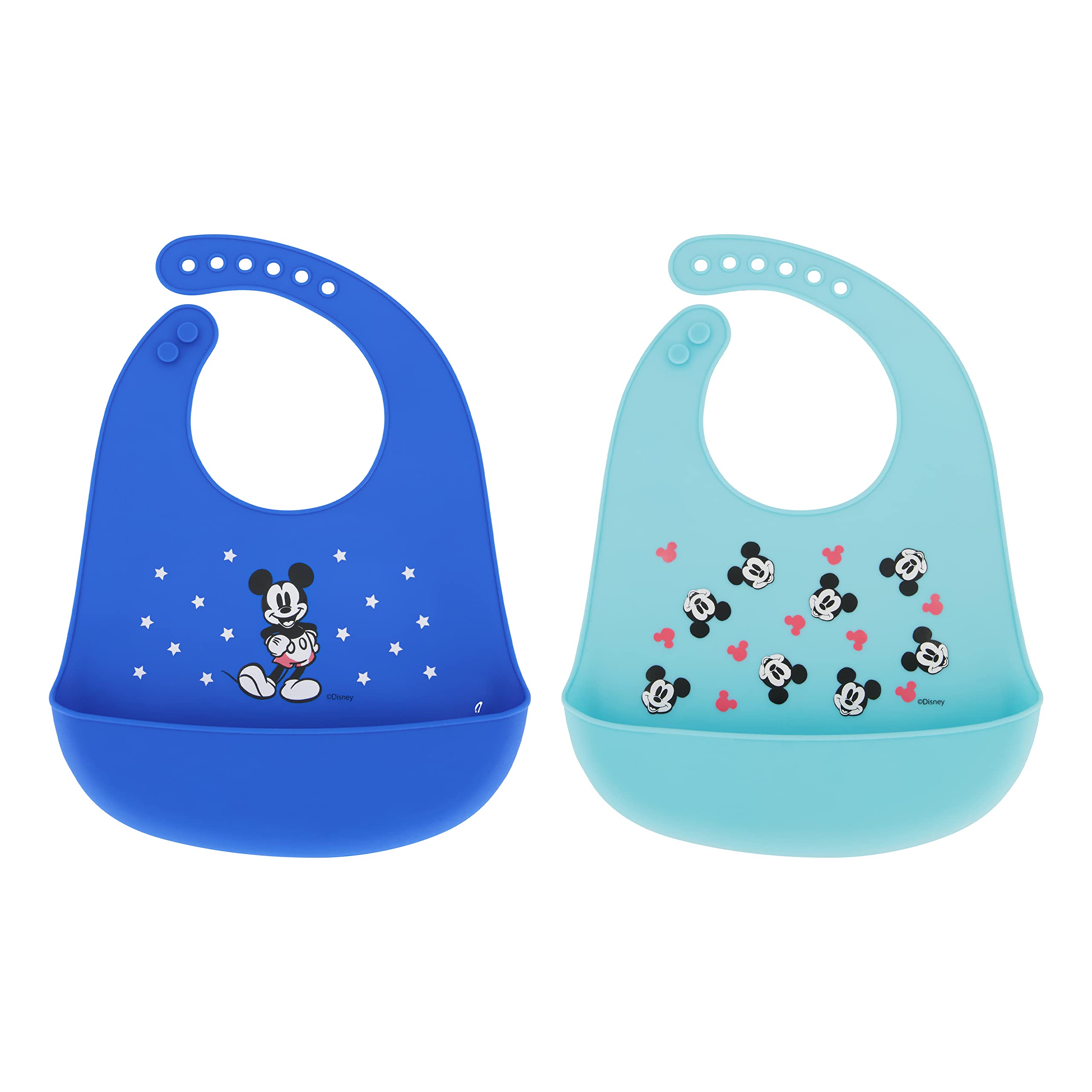 Disney 2-Pack Unisex Baby & Toddler Silicone Bibs with Food Catcher - Soft Waterproof Feeding Bibs for Mealtime & Travel - Perfect for Messy Eaters & On-the-Go Families