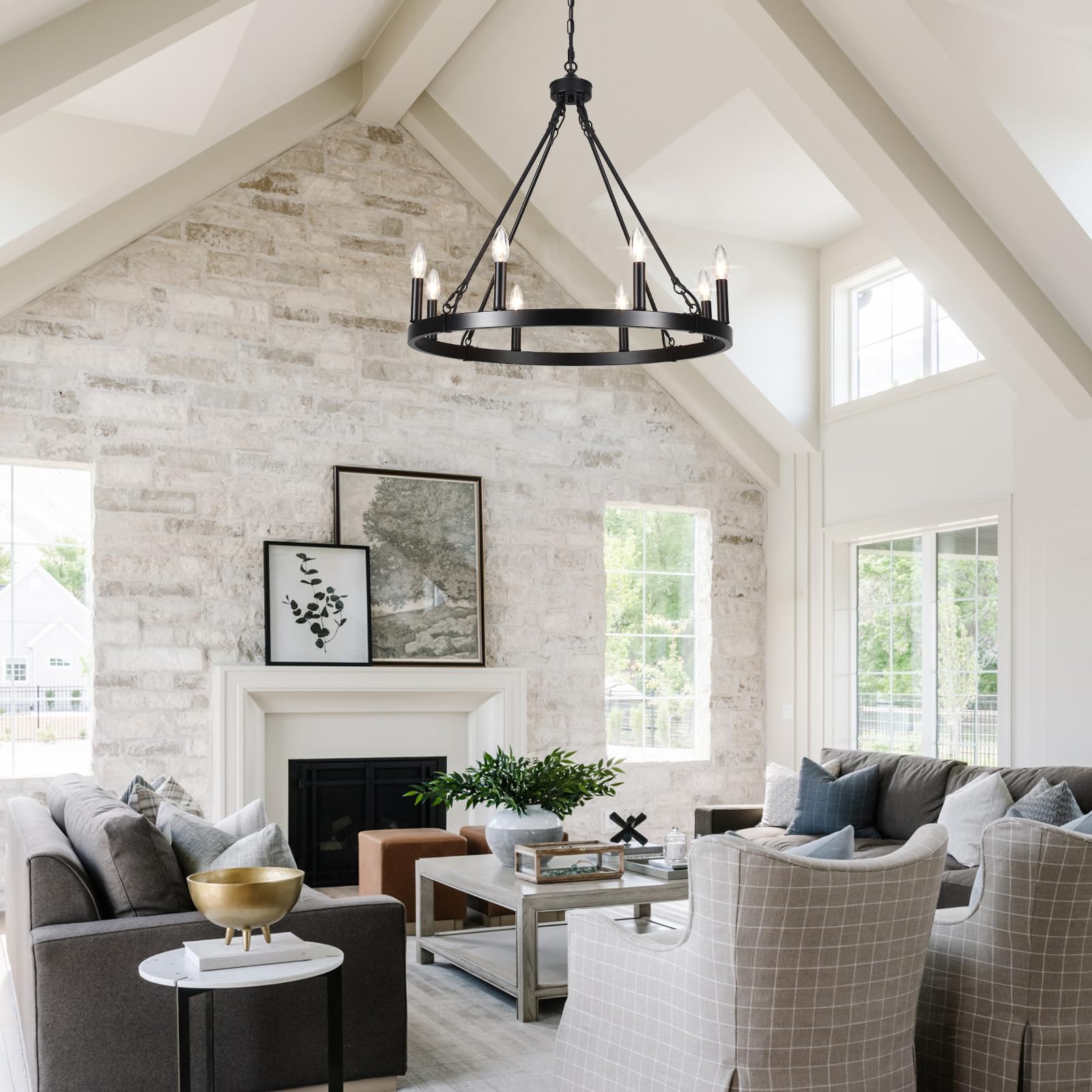 Black Wagon Wheel Chandelier - 8-Light Industrial Pendant Lighting Fixture for Dining Room, Living Room, Foyer & Entryway | Rustic Farmhouse Decor for Home & Restaurant