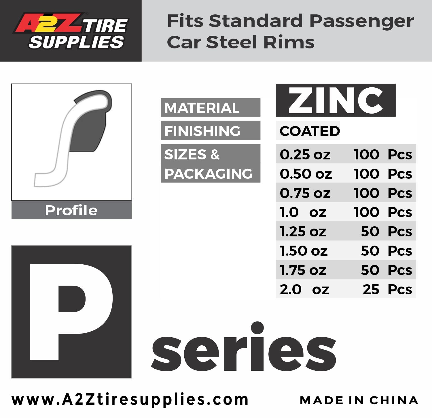 Premium P Series Zinc Wheel Weights (2.0oz) - Box of 25pcs - Durable Coated Hammer-On Weights for Auto Wheel Balancing - Perfect for Car, Truck & Motorcycle Tires