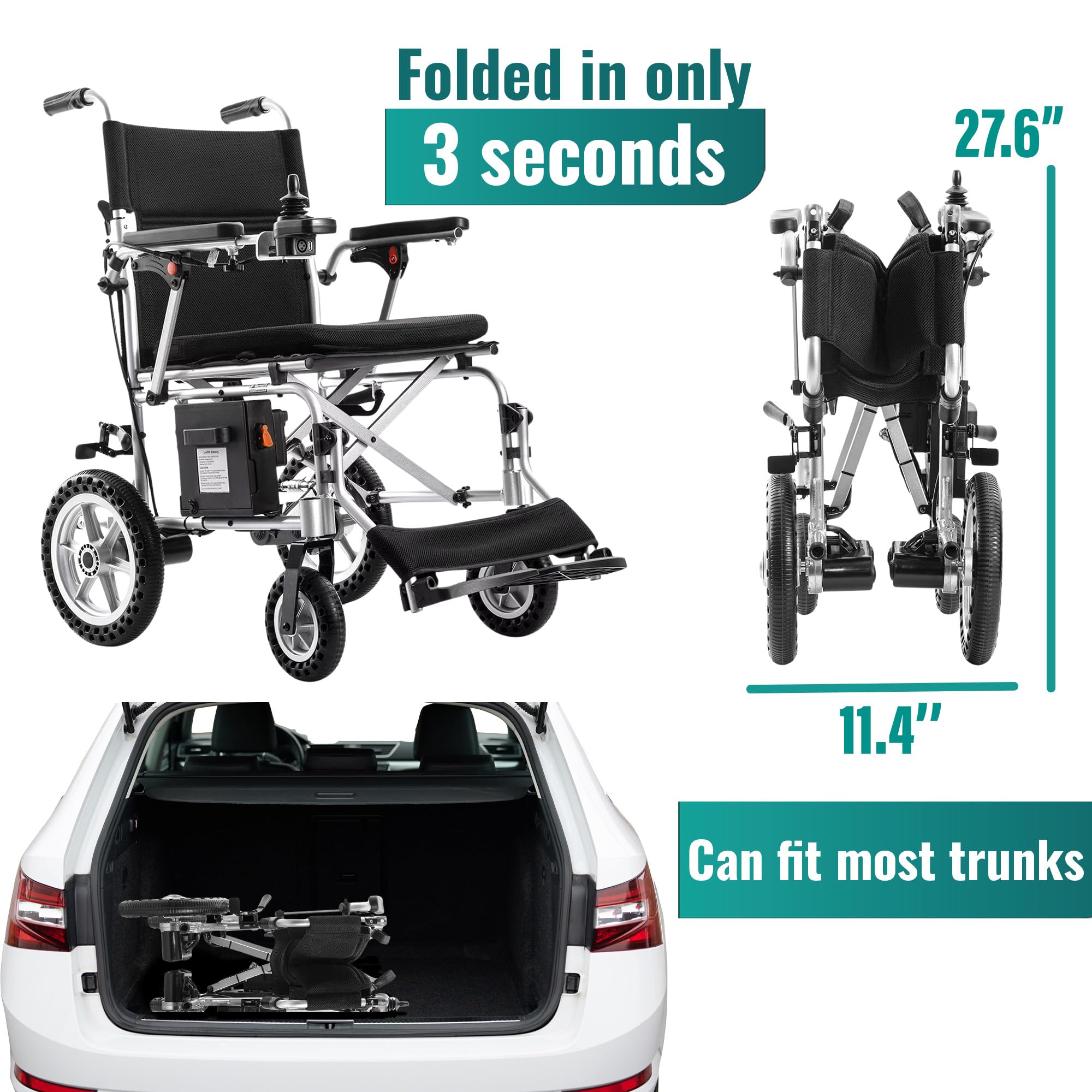 MALISA Ultra Lightweight Folding Electric Wheelchair - Dual Motor All Terrain Power Wheelchair for Seniors & Adults - Comfortable Travel Mobility Scooter (Silver Frame) - Perfect for Indoor Use, Outdoor Adventures & Air Travel