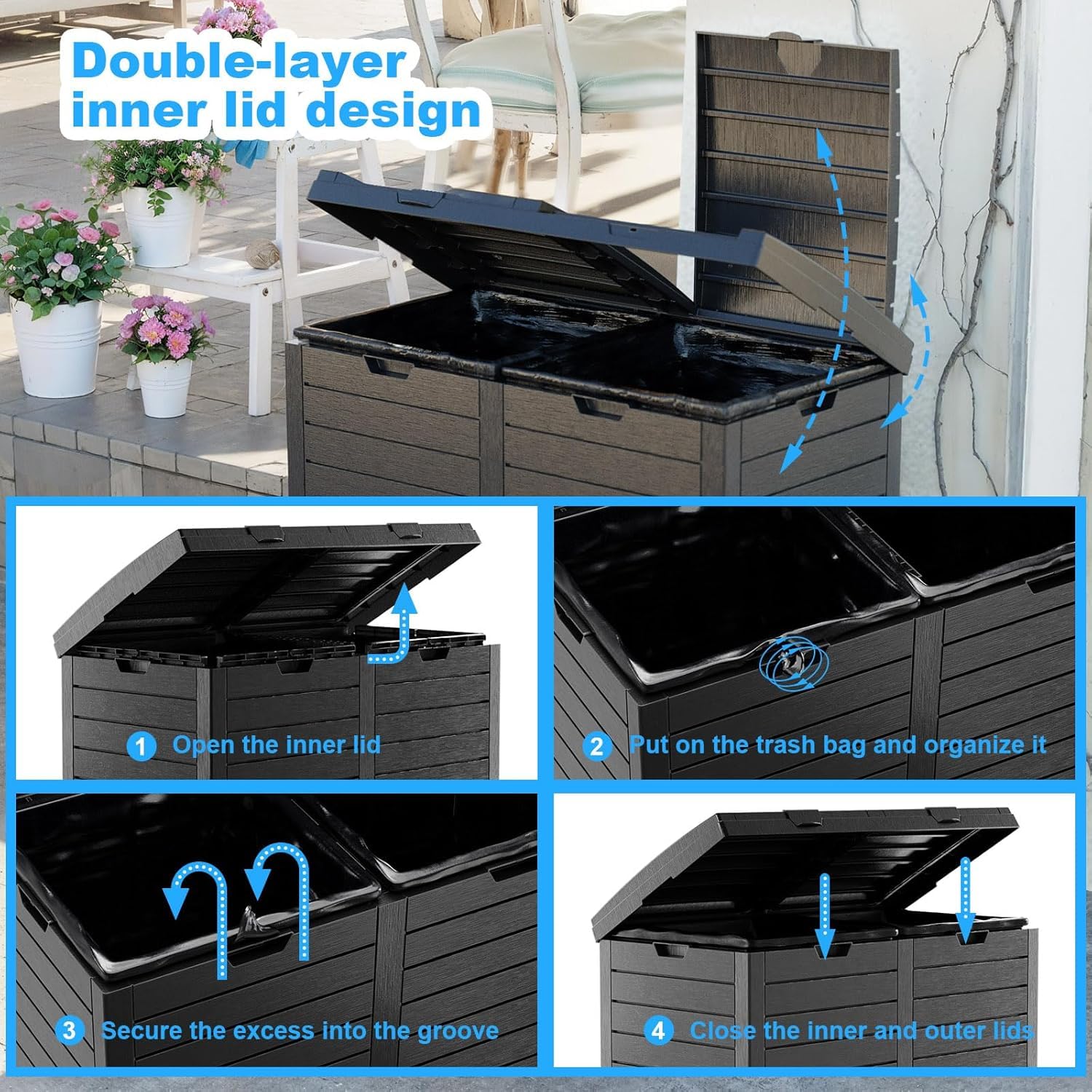 Heavy-Duty Outdoor Trash Can with Lid - Waterproof Resin Garbage Bin with Pull-Out Liquid Drawer & Dual Lid Closure - Ideal for Patio, Backyard, Deck, Garden, and Poolside (Black) - Perfect for Outdoor Entertaining and Waste Management