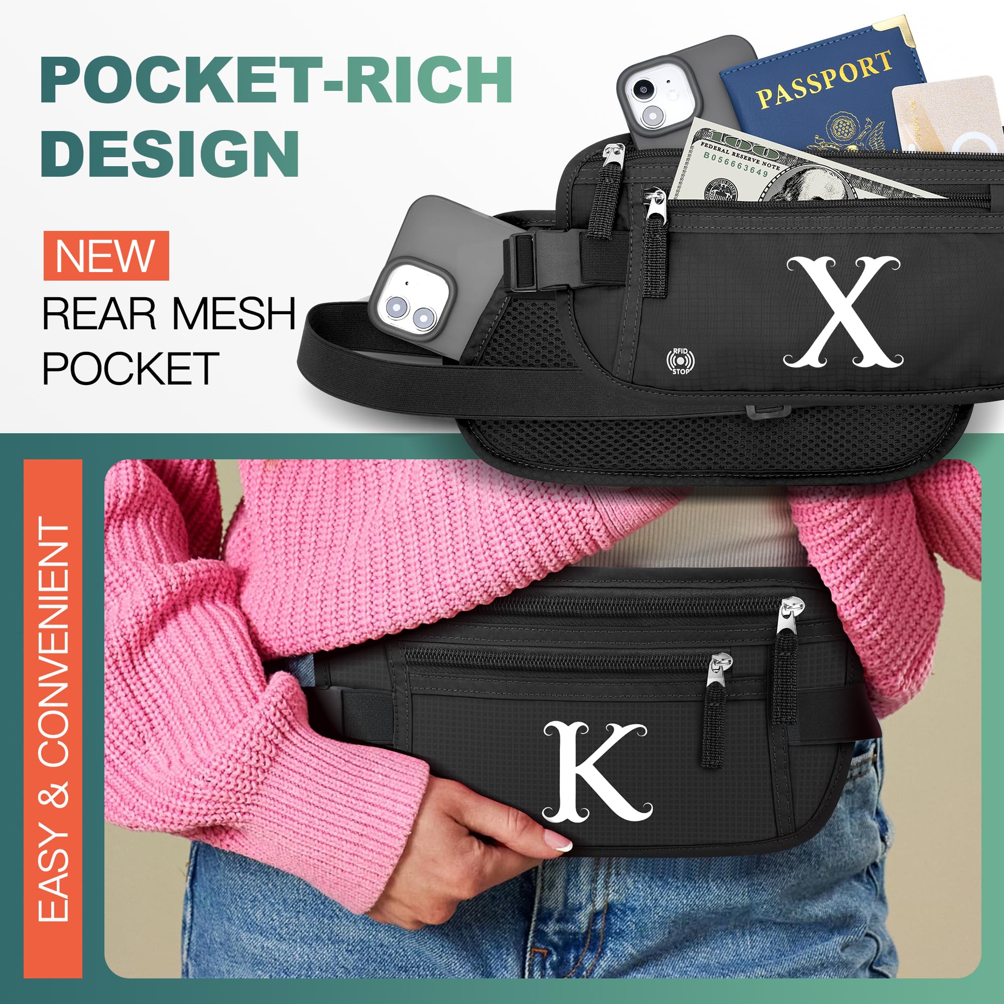 Anti-Theft RFID Travel Money Belt with Personalized Initials - Slim Passport Holder Wallet for Women & Men - Secure Fanny Pack for Travel Essentials (Letter A) - Perfect for Airports, Vacations & International Trips