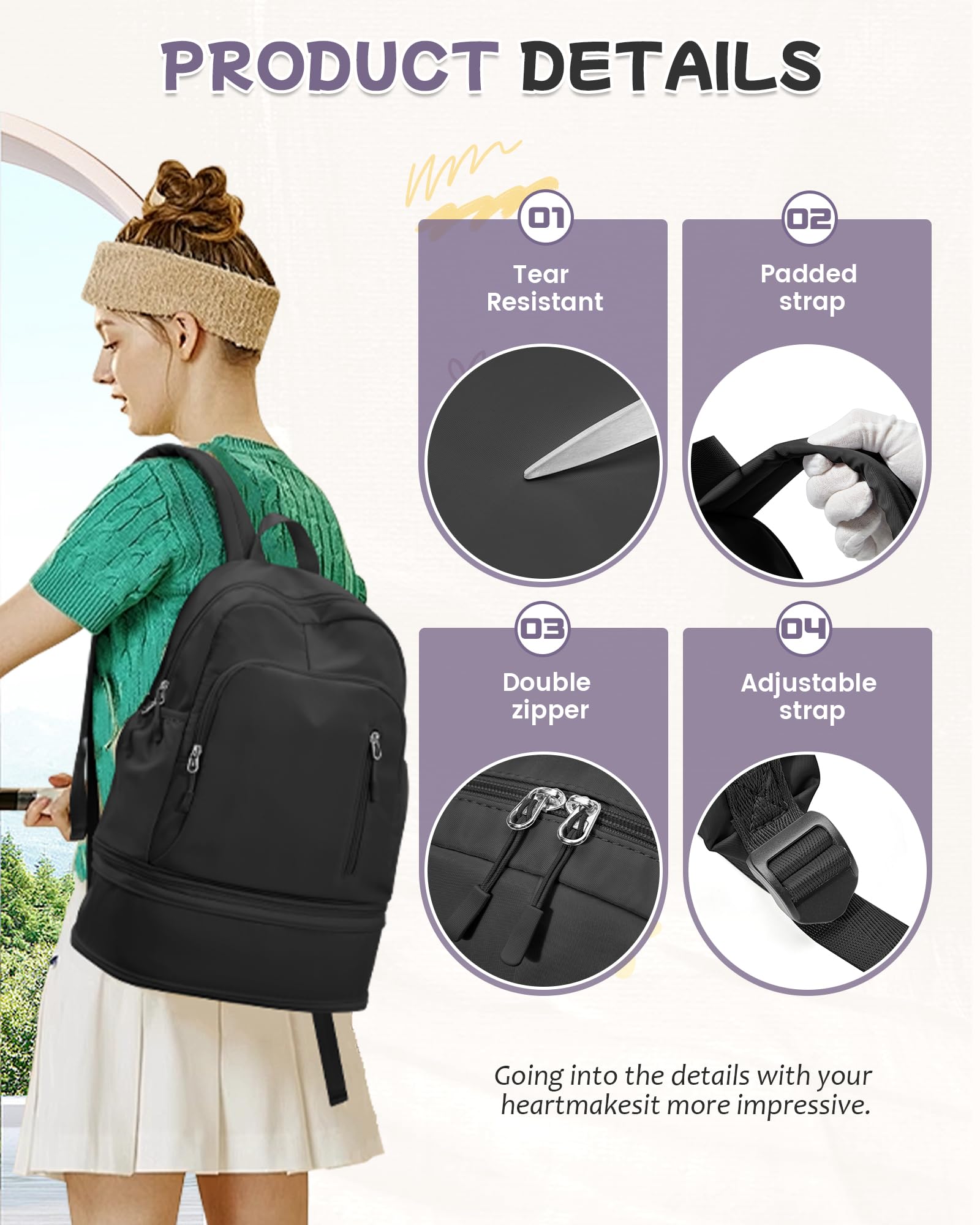 Waterproof Lightweight Gym Backpack for Women & Men - Small Black Sports Bag with Expandable Shoe Compartment - Perfect for Travel, Hiking, Yoga, Fitness & Everyday Use