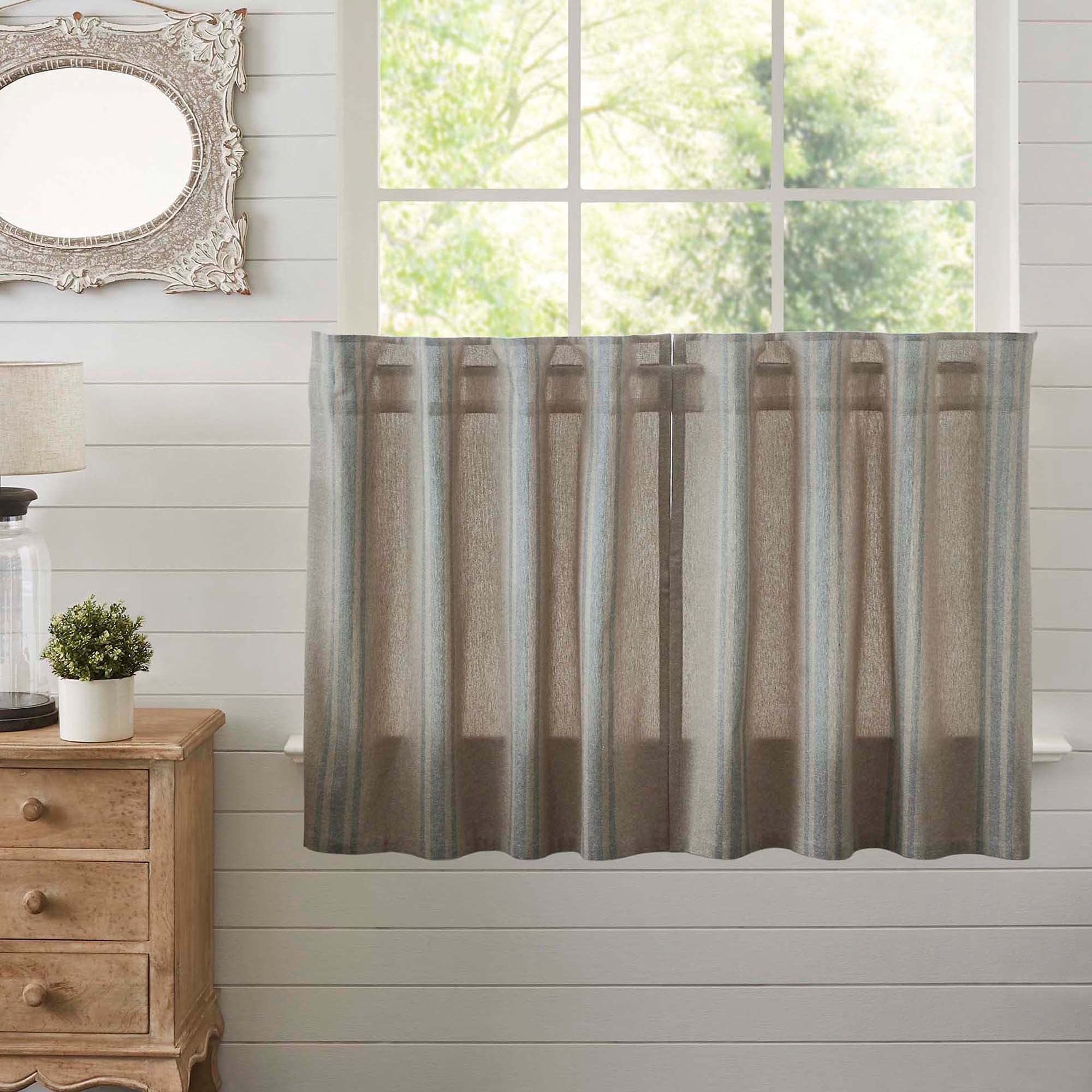 Vintage Farmhouse Kitchen Curtain Tier Set - Blue Stripe Grain Sack Design 36x37 - Perfect for Rustic Farmhouse, Cottage & Country Style Decor