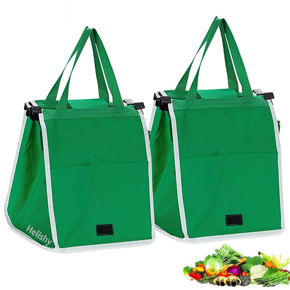 2 Pack Reusable Grocery Bags - Eco-Friendly Shopping Trolley Bags with Handles, Foldable Non-Woven Tote Bags for Supermarket, Farmers Market & Grocery Shopping - Clip on Shopping Cart for Convenient Grab & Go