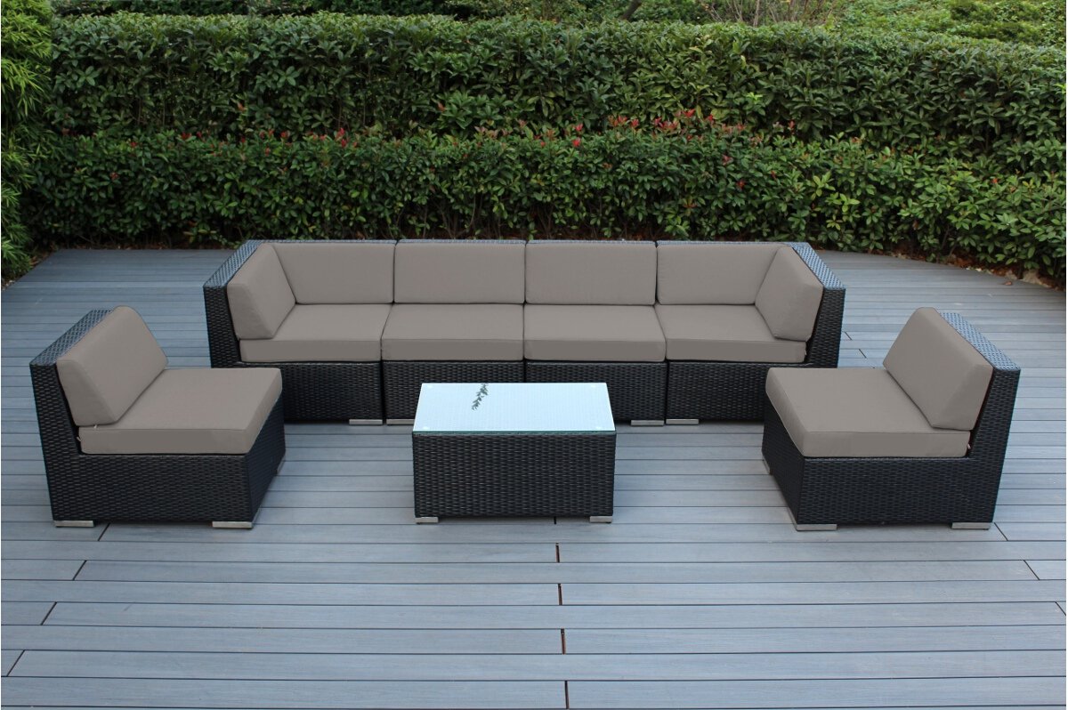 Genuine Ohana 7-Piece Outdoor Patio Sofa Sectional Set - Fully Assembled Black Wicker Furniture with Sunbrella Taupe Cushions | Perfect for Backyard, Poolside & Garden Relaxation