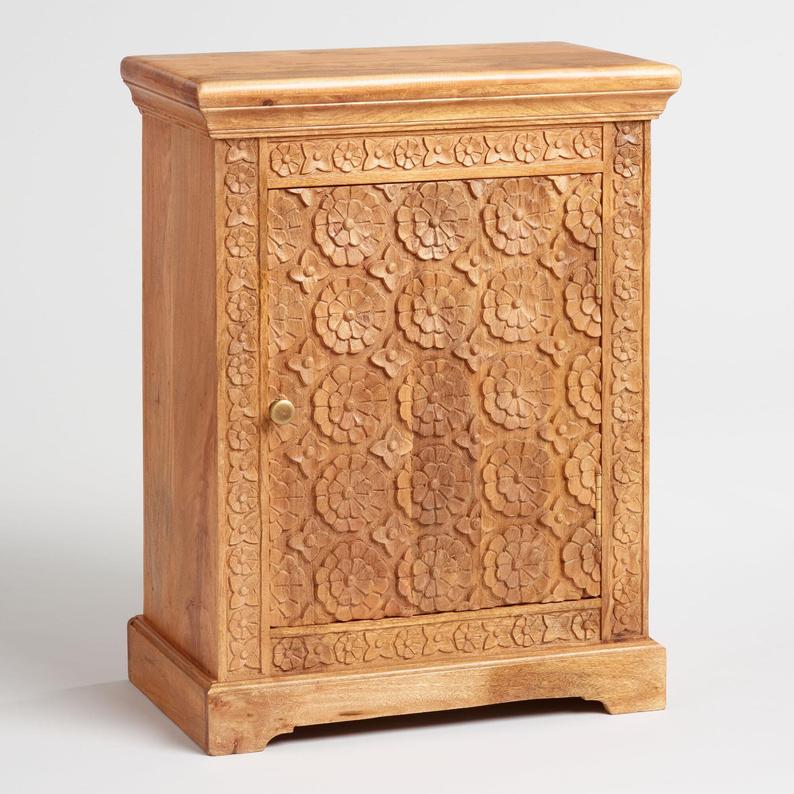 Hand Carved Nightstand - Solid Wood Bedside Table with Natural Finish | Handmade for Bedroom, Living Room, or Guest Room Decor