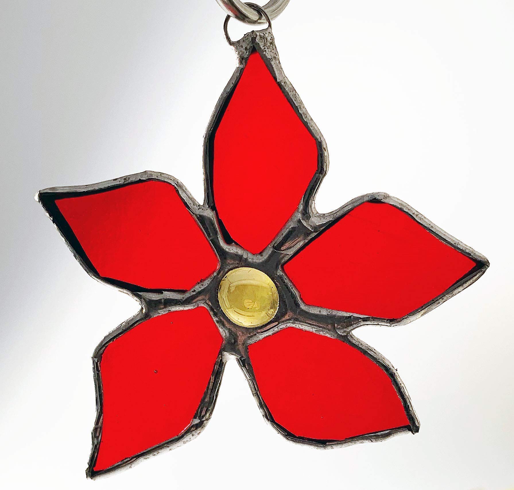 Handmade Slumped Glass Red Poinsettia Flower Ornament - Elegant Suncatcher for Christmas Decor, Window Hanging, Holiday Home Decoration