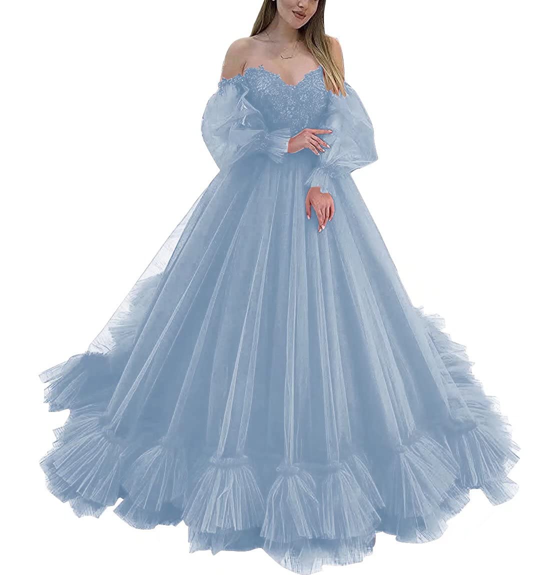 Elegant Off Shoulder Lace Ball Gown Quinceanera Dress - Long Sleeve Wedding Dress in Dusty Blue | Plus Size Bridal Gown for Quinceañera, Prom & Formal Events