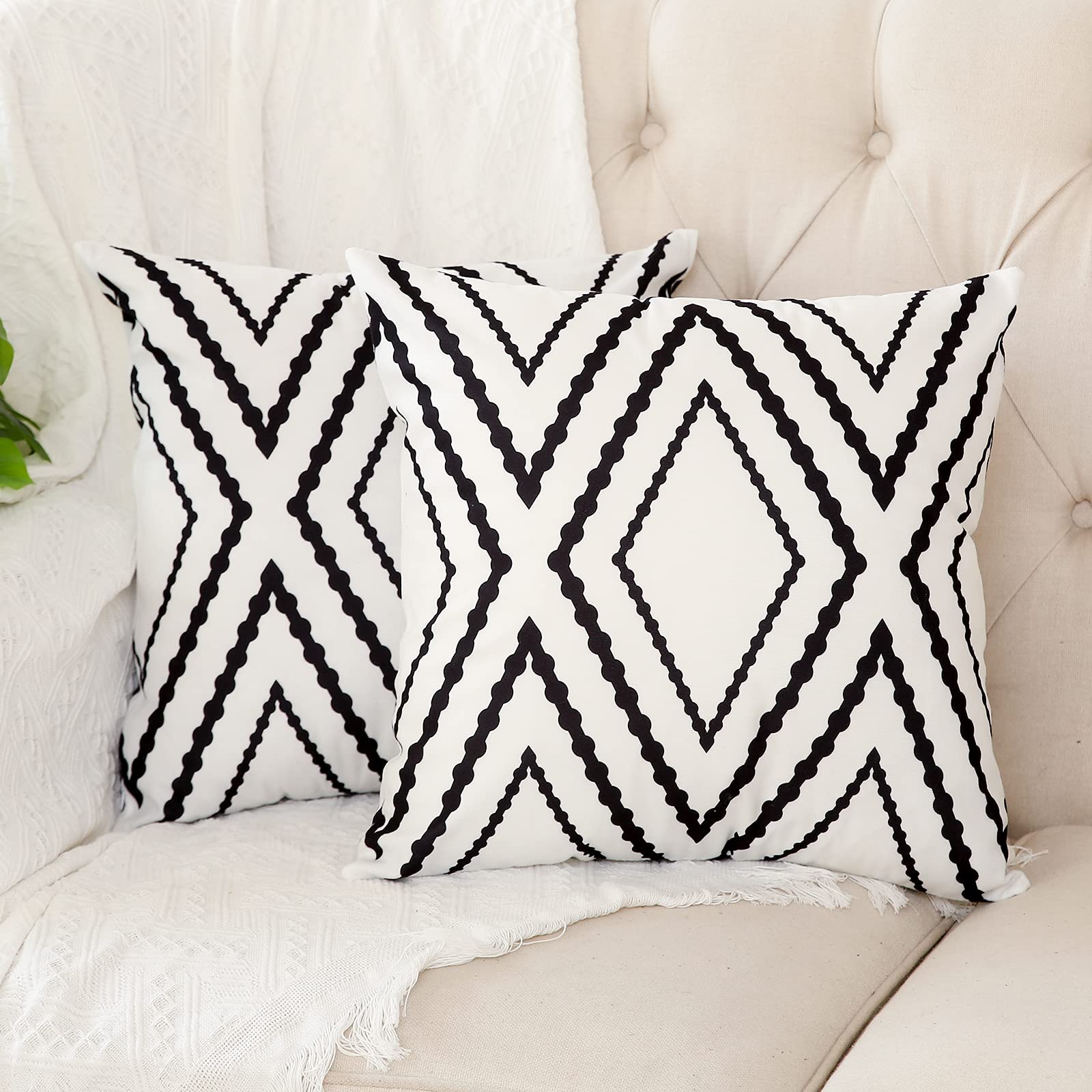 Kiuree Boho Pillow Covers Set of 2 - 24x24 Inch Black & White Aztec Geometric Throw Pillow Covers for Sofa, Couch, Bed - Polyester Blend Square Decorative Pillow Cases (Perfect for Living Room, Bedroom & Home Decor)