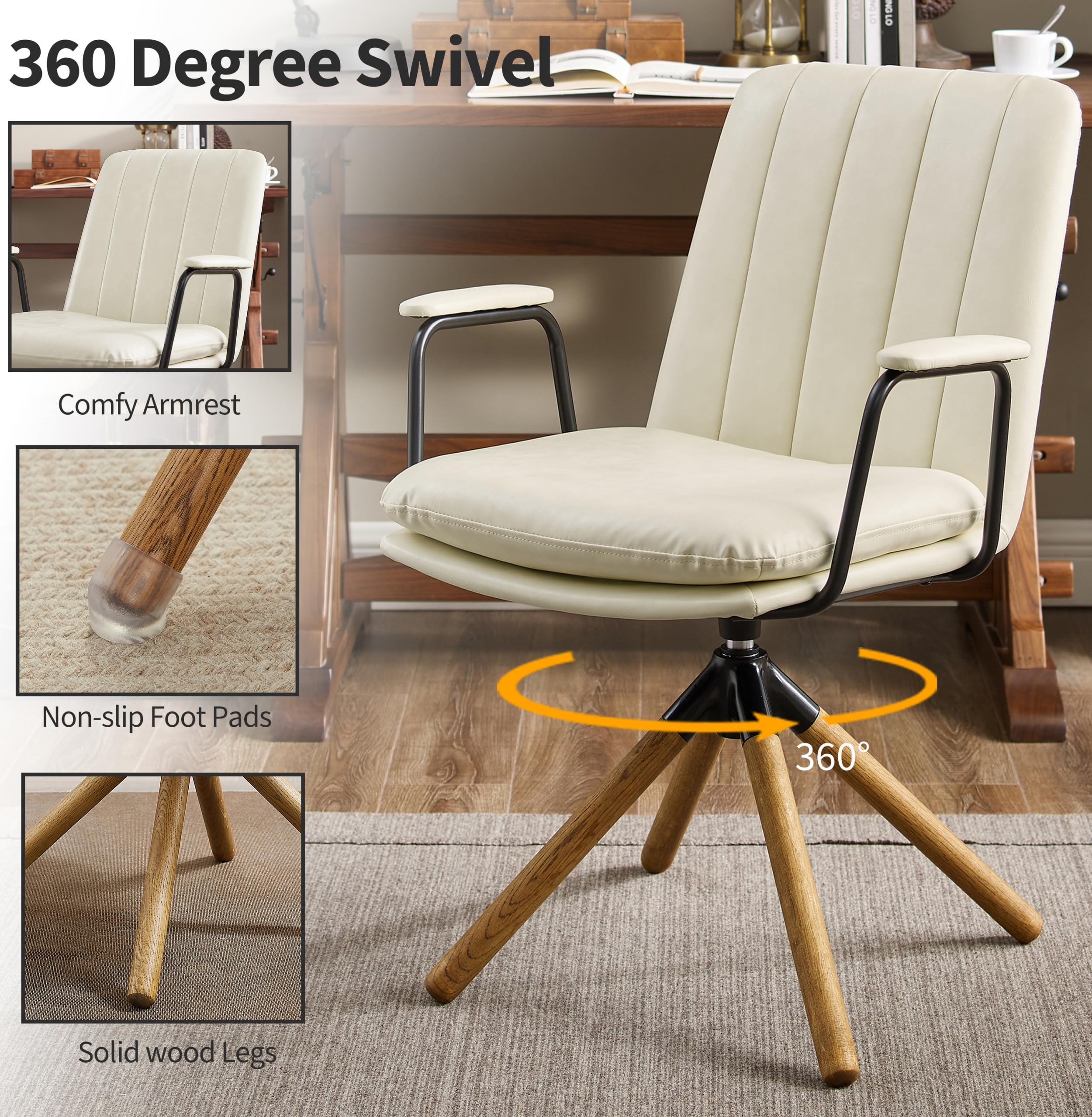 Zouron Mid Century Modern Office Chair - Ergonomic Swivel Desk Chair with PU Leather & Oak Wood Legs, Off-White (No Wheels) - Perfect for Home Office, Living Room & Workspace