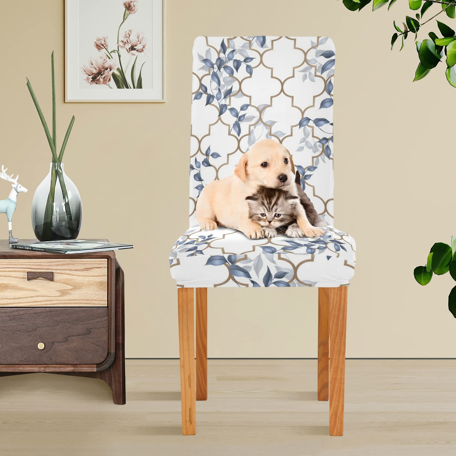 Classic Leaves Morocco Dining Chair Covers Set of 4 - Washable & Removable Stretch Slipcovers for Dining Chairs - Perfect for Dining Room, Ceremony, Party & Holiday Home Decor