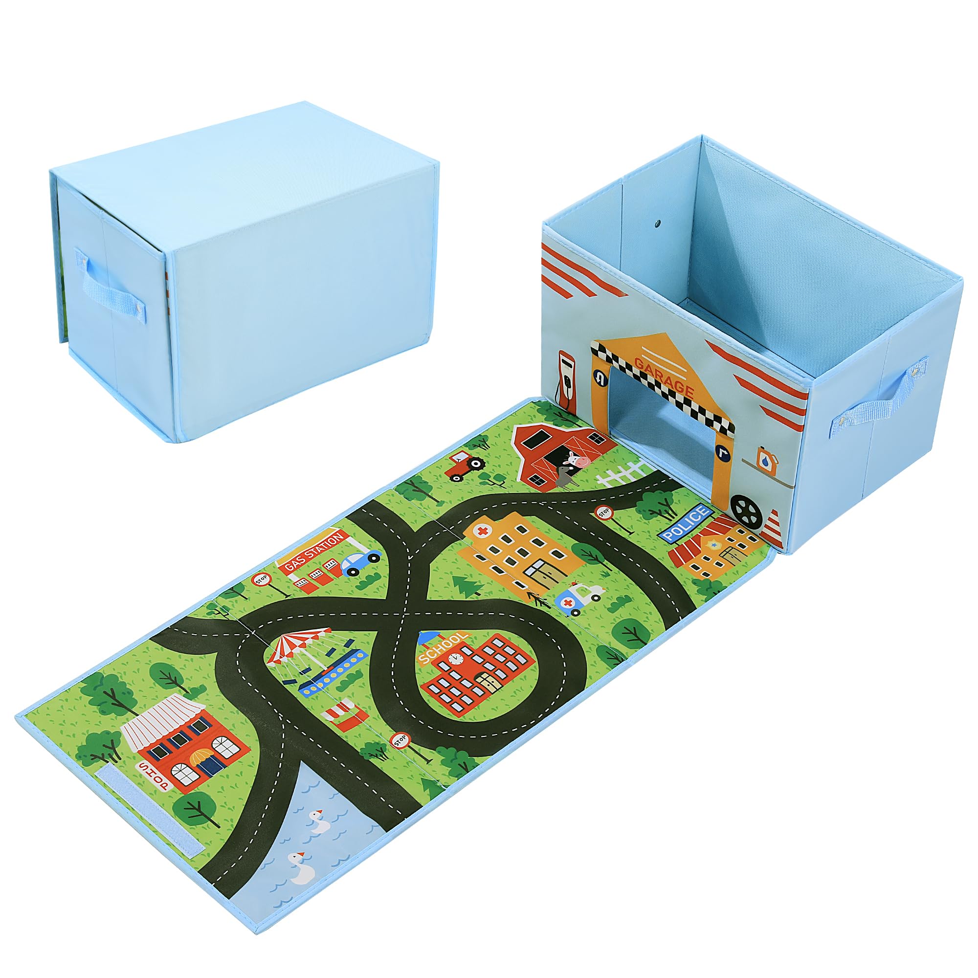 HOMBYS Toy Car Storage Box with Play Mat - Collapsible Organizer for Kids Cars - Blue 15