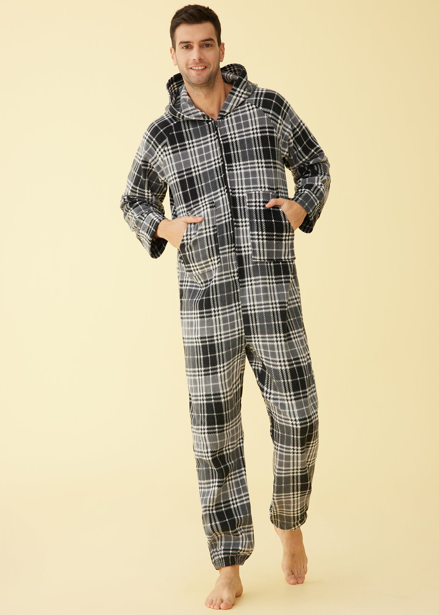 Cozy Fleece Hooded Onesie Pajamas for Men - Warm Winter Sleepwear & Lounge Wear for Relaxing at Home or Camping