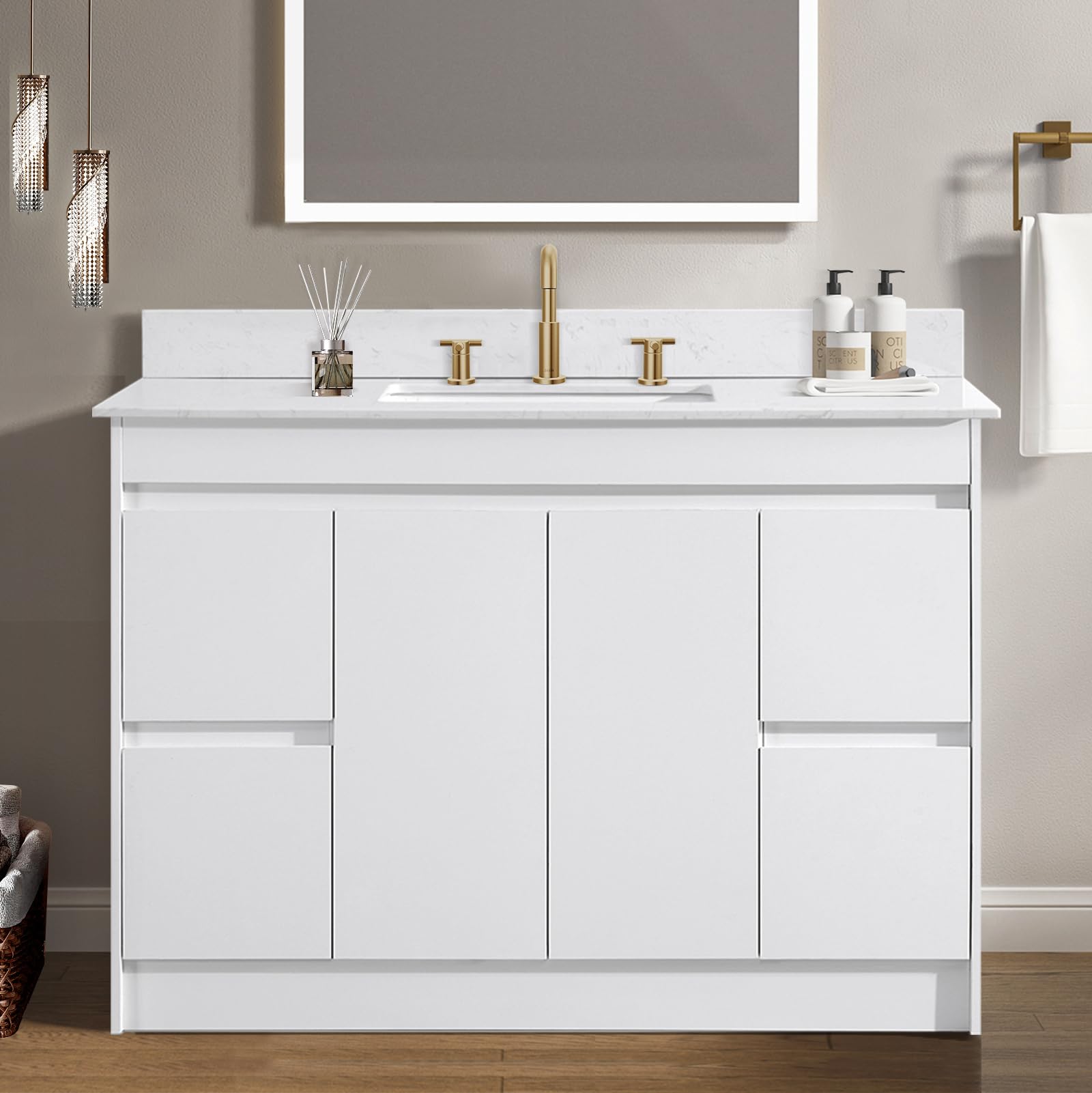 48 Inch White Bathroom Vanity with Sink Combo - Undermount Stone Top & Ceramic Sink, Thick Wood Cabinet with Soft Closing Doors & Drawers - Perfect for Modern Bathrooms, Master Bath Suites & Home Renovations