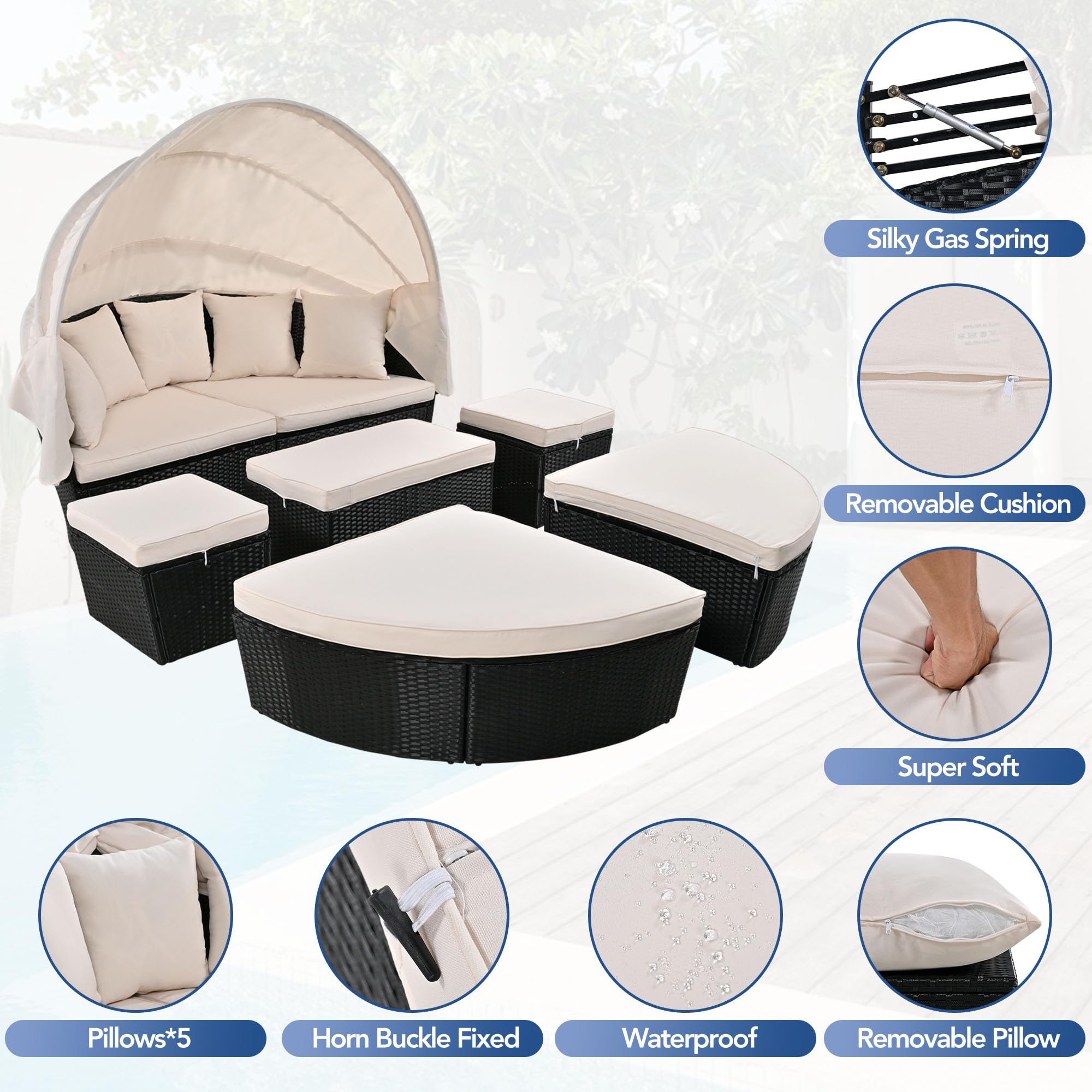 Outdoor Daybed with Retractable Canopy - Round Patio Sectional Sofa Set - Wicker Clamshell Seating with Removable Cushions - Beige - Perfect for Backyard, Porch, Poolside & Garden Relaxation