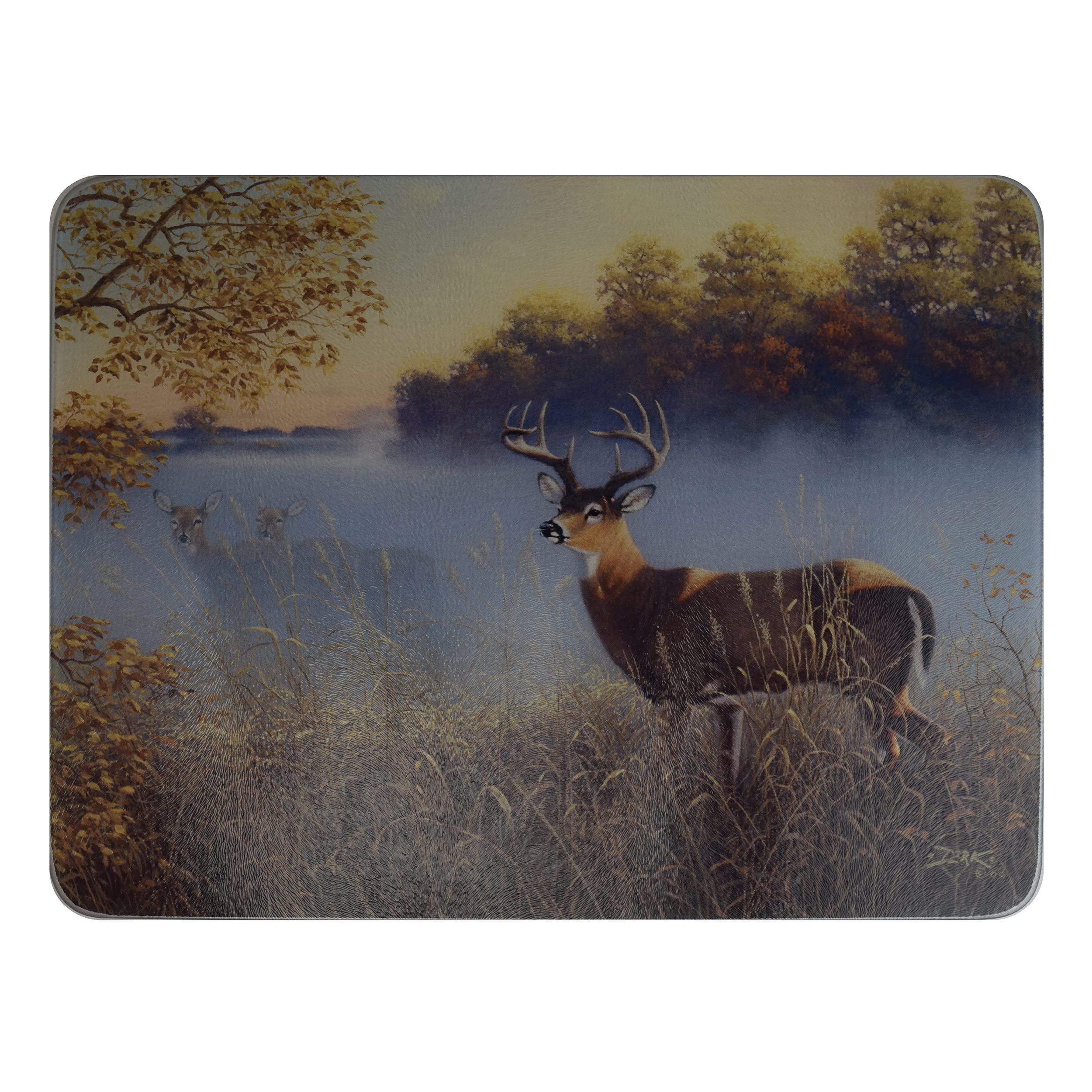Rivers Edge Products 12x16 Inch Decorative Tempered Glass Cutting Board - Hypoallergenic Non-Slip Textured Surface Chopping Board for Kitchen - White Tail Deer Morning Fog Design - Perfect for Meal Prep, Charcuterie & Holiday Entertaining
