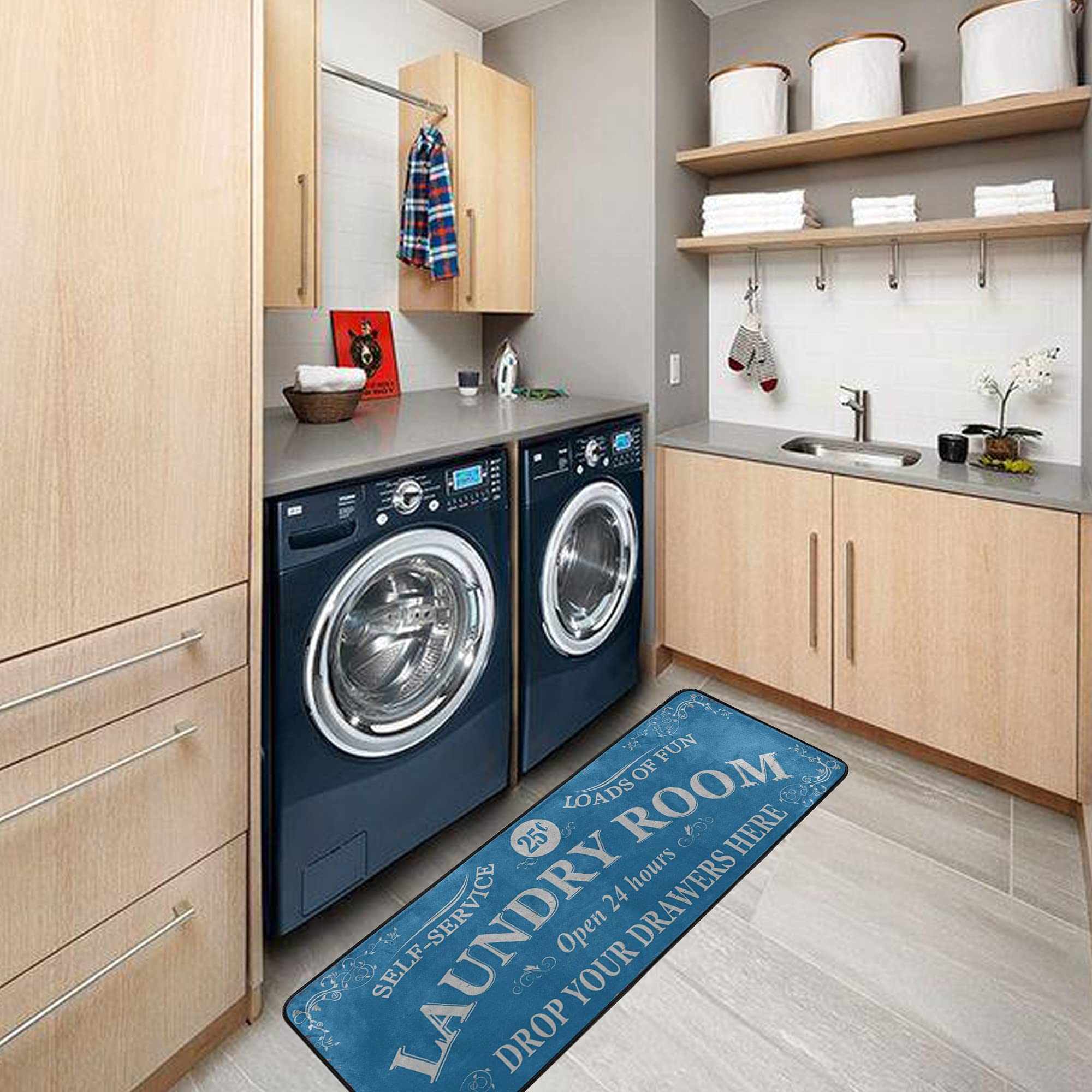 Farmhouse Laundry Room Rug - 72x24in Machine Washable Runner Mat in Retro Blue - Perfect for Laundry Room Decor, Kitchen Entryway & Mudroom Floor Protection