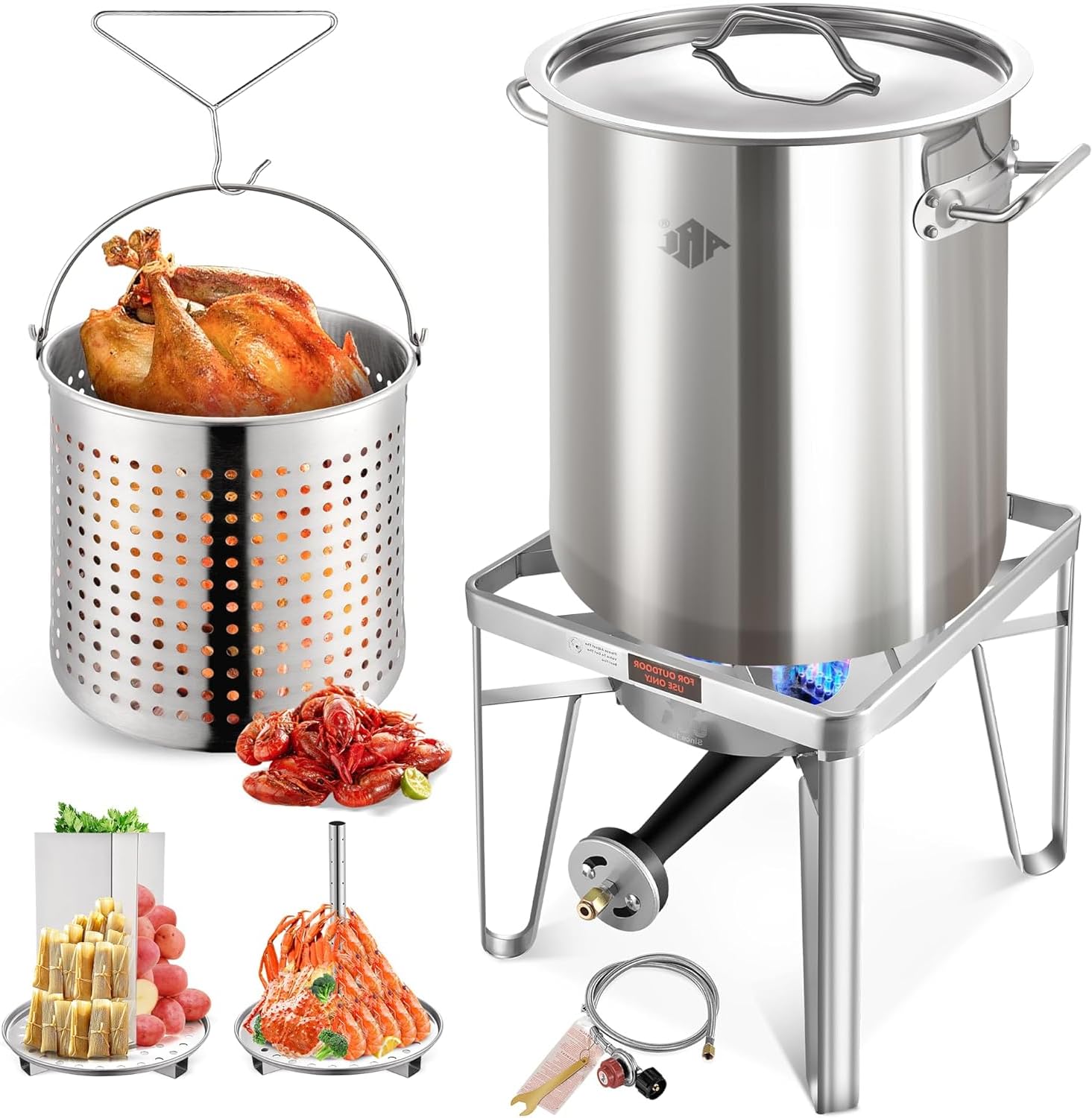 **ARC 52QT Stainless Steel Turkey Fryer Pot with Propane Burner Kit – Outdoor Cooking, Seafood Boil, Crawfish Boil, Home Brewing & Tamale Steamer – Includes Basket & Steamer Rack – Perfect for Backyard BBQs, Camping & Large Gatherings**