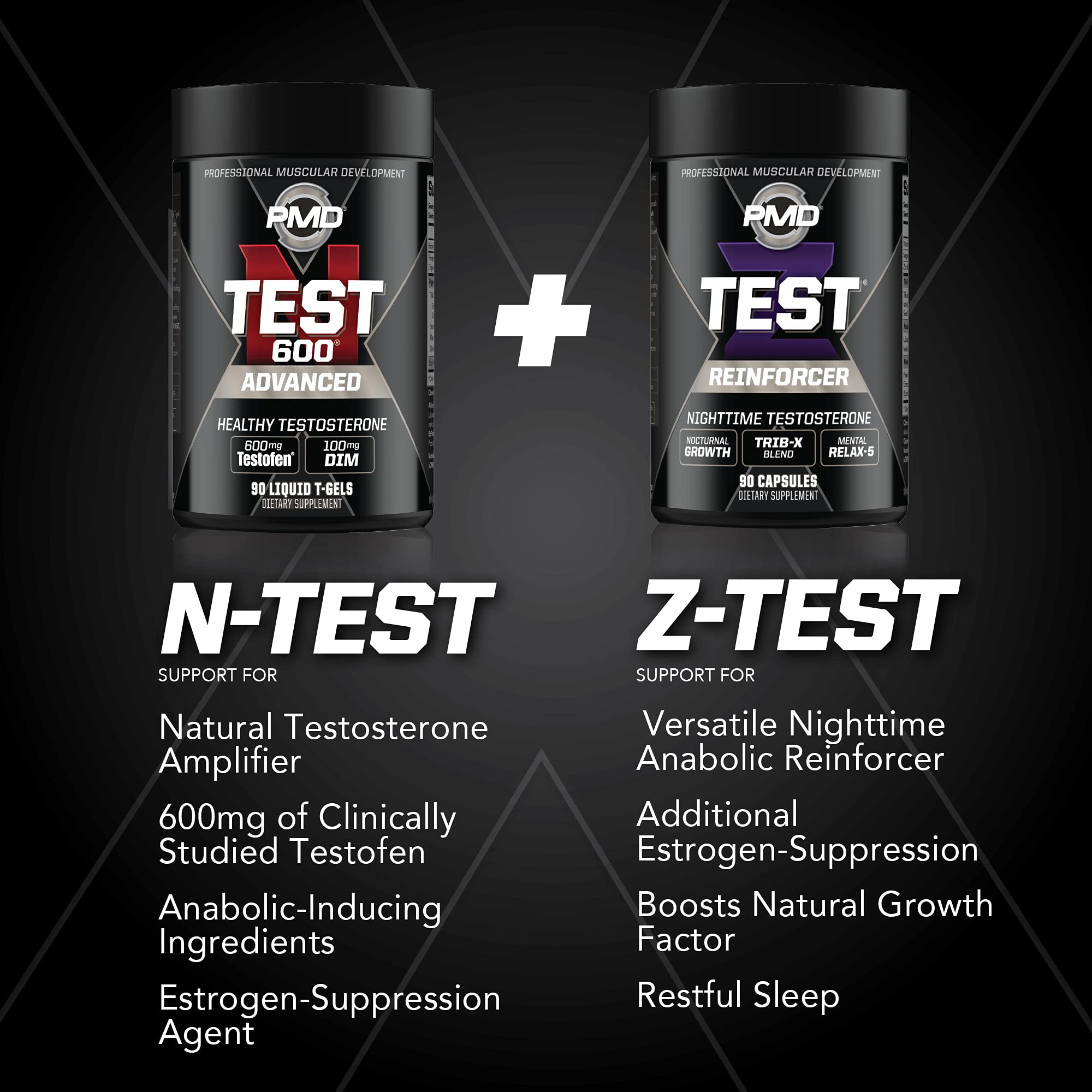 PMD Sports Flex Stack Advanced 24-Hour Testosterone Booster Supplement for Men - N-Test 600 Advanced 90 Liquid T-Gels & Z-Test 90 Capsules - Supports Lean Muscle Growth, Strength, Recovery, Libido & Sleep - Perfect for Gym, Bodybuilding & Athletic Performance