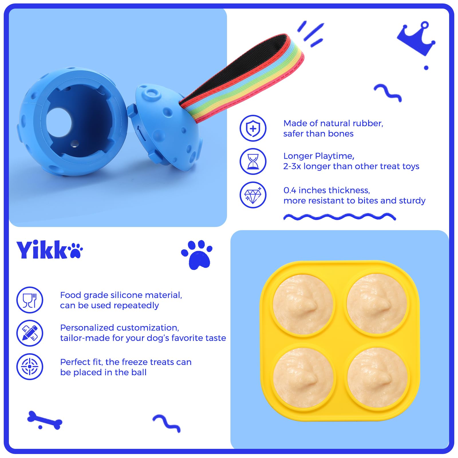 Yikko Interactive Dog Puzzle Toy - Fillable Frozen Enrichment Ball for Small to Large Dogs (10-80Lbs) | Durable Rubber Chew Toy for Indoor & Outdoor Play | Easy to Clean | Perfect Gift for Dog Birthday, Christmas & Training (Blue)