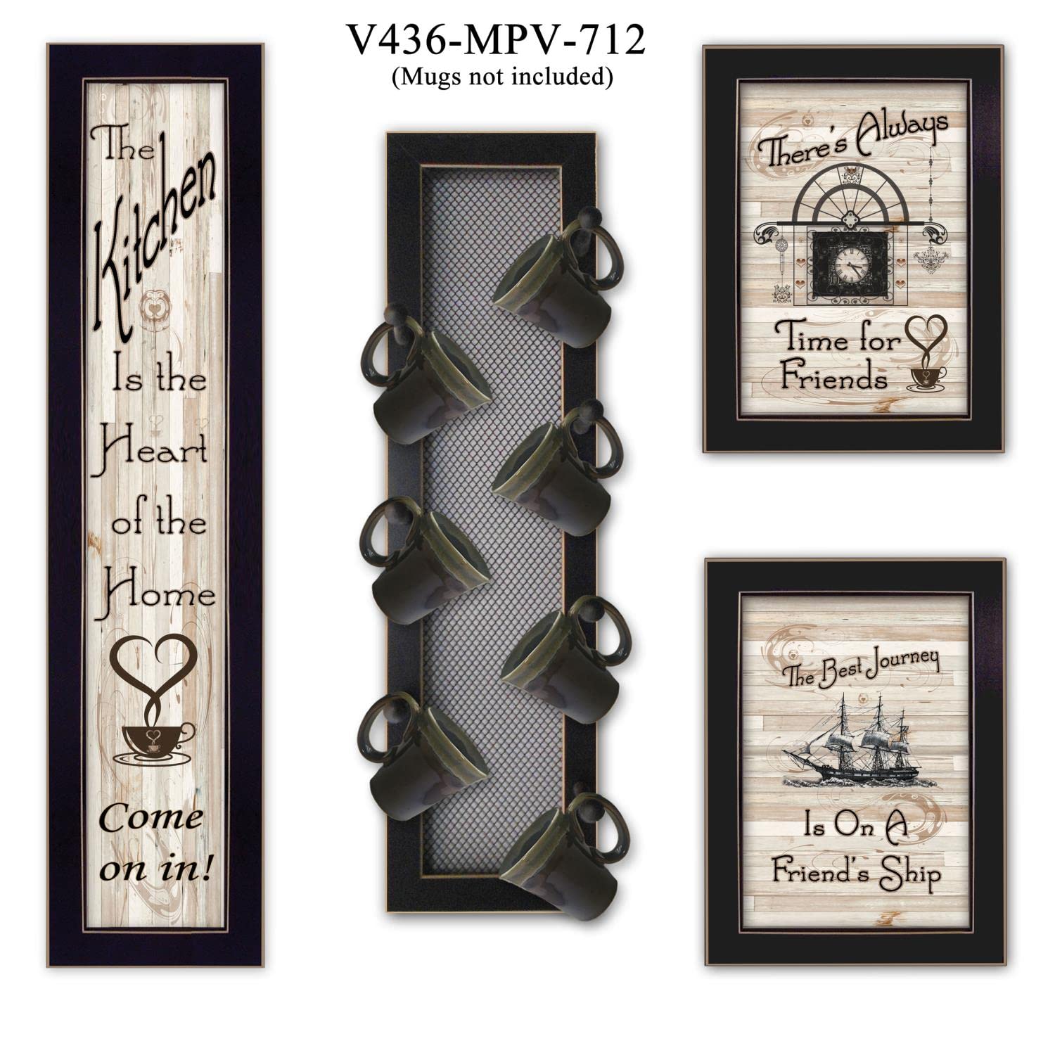 4-Piece Black Wooden Mug Rack Set with 7 Pegs - Kitchen Wall Organizer for Coffee Cups & Mugs by Millwork Engineering - Perfect for Small Spaces & Coffee Bar Decor