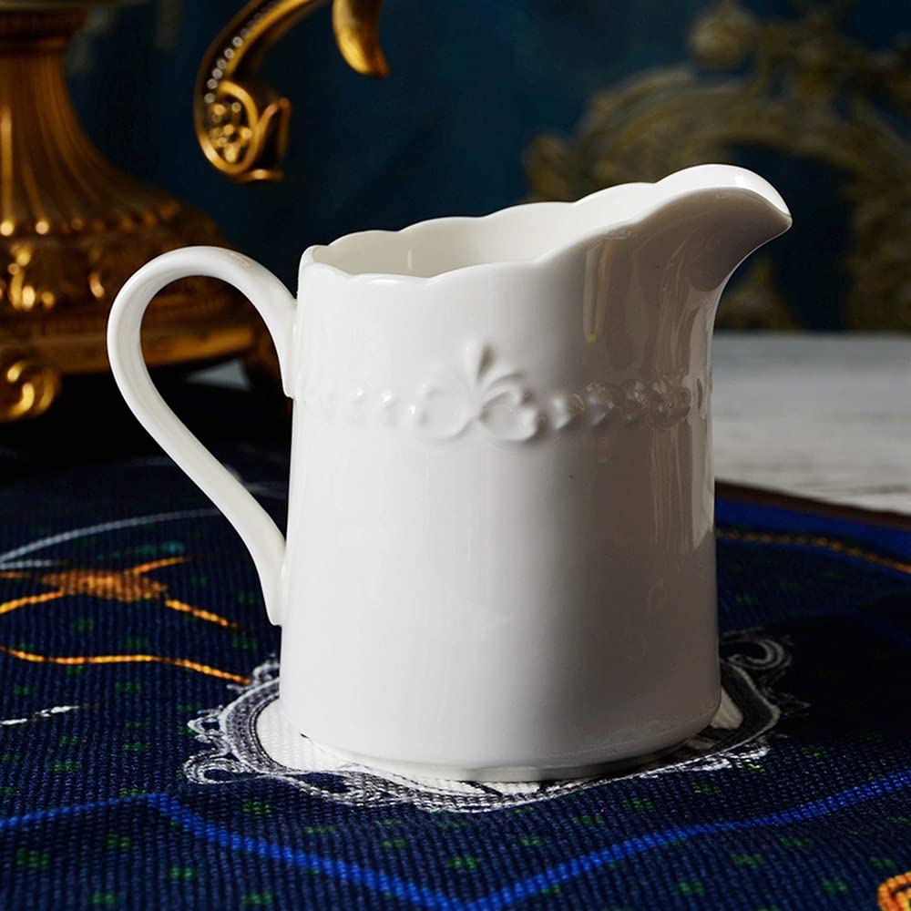 White Porcelain Creamer Pitcher with Handle - 8 Oz Small Milk Jug for Coffee, Tea & Kitchen Use - Elegant Sizikato Pitcher for Dining & Entertaining