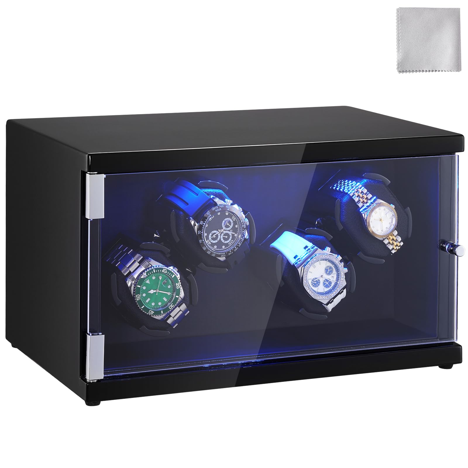 VEVOR 4 Watch Winder Box - Silent Japanese Motor, LED Light, Adjustable Rotation Speed & Direction for Automatic Watches | Perfect for Rolex, Omega, Breitling Storage & Display | Luxury Watch Care Solution for Home & Office