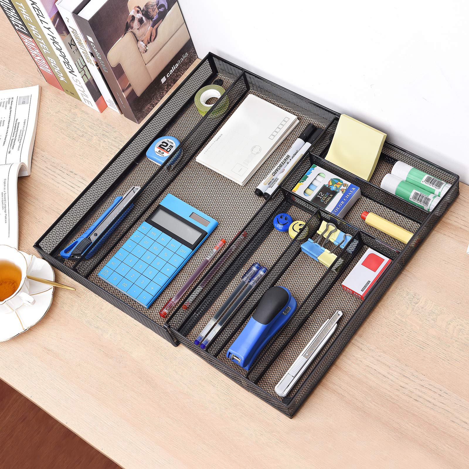 WuGeShop Expandable Mesh Desk Organizer with 7 Compartments - Metal Office Supplies Storage Tray for Desk Drawer, Black | Perfect for Home Office, Workspace & School Organization