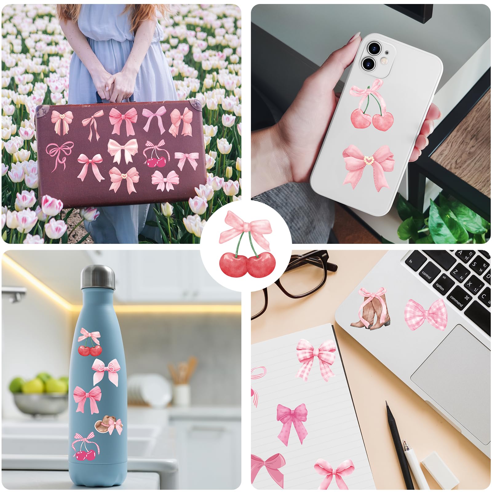 100 Pcs Pink Coquette Bow Stickers - Cute Aesthetic Y2K Cherry Cowgirl Boot Strawberry Waterproof Vinyl Decals for DIY Crafts, Water Bottles, Phone Cases & Journal Decor - Perfect for Teen Girls Room, School Supplies & Party Favors