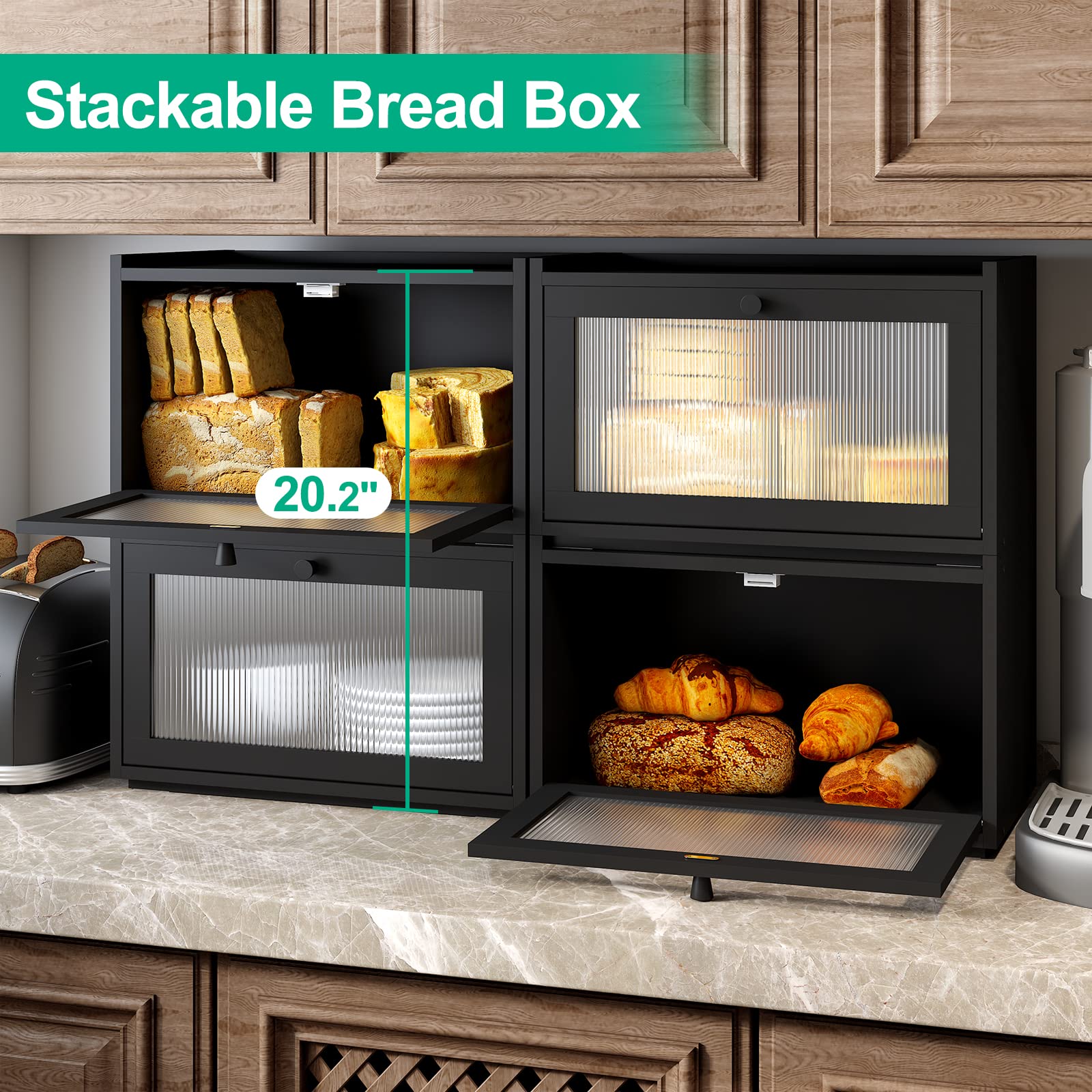 Large Black Bamboo Bread Box with Wavy Acrylic Door - Farmhouse Style Kitchen Counter Bread Storage Container for Bread, Baguettes & Pastries - Perfect for Home, Bakery & Rustic Kitchen Decor