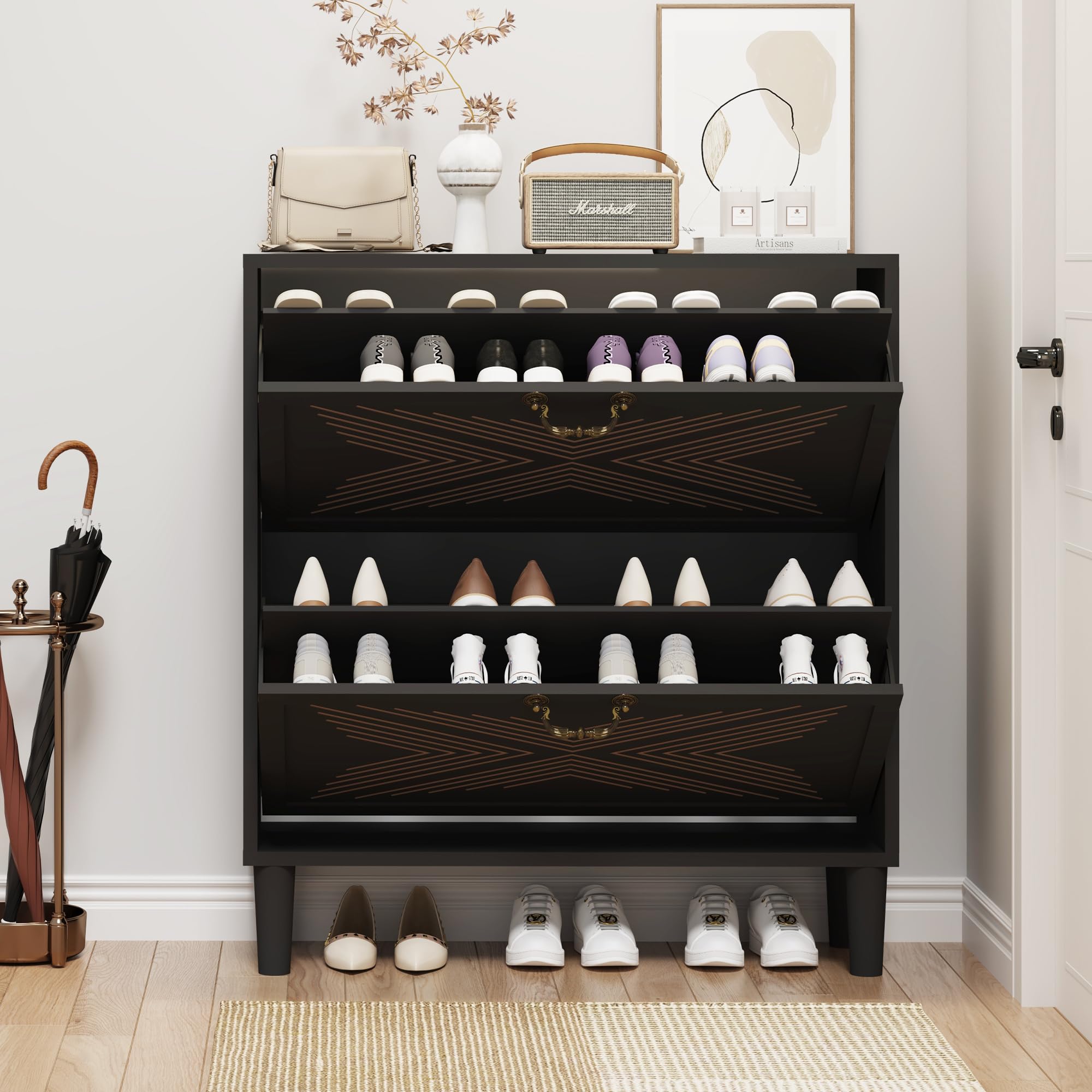2-Drawer Shoe Cabinet with Flip Doors - Narrow Freestanding Shoe Storage Organizer for Entryway, Hallway & Closet - Carved Fluted Design (Black) - Perfect for Small Spaces & Apartment Living