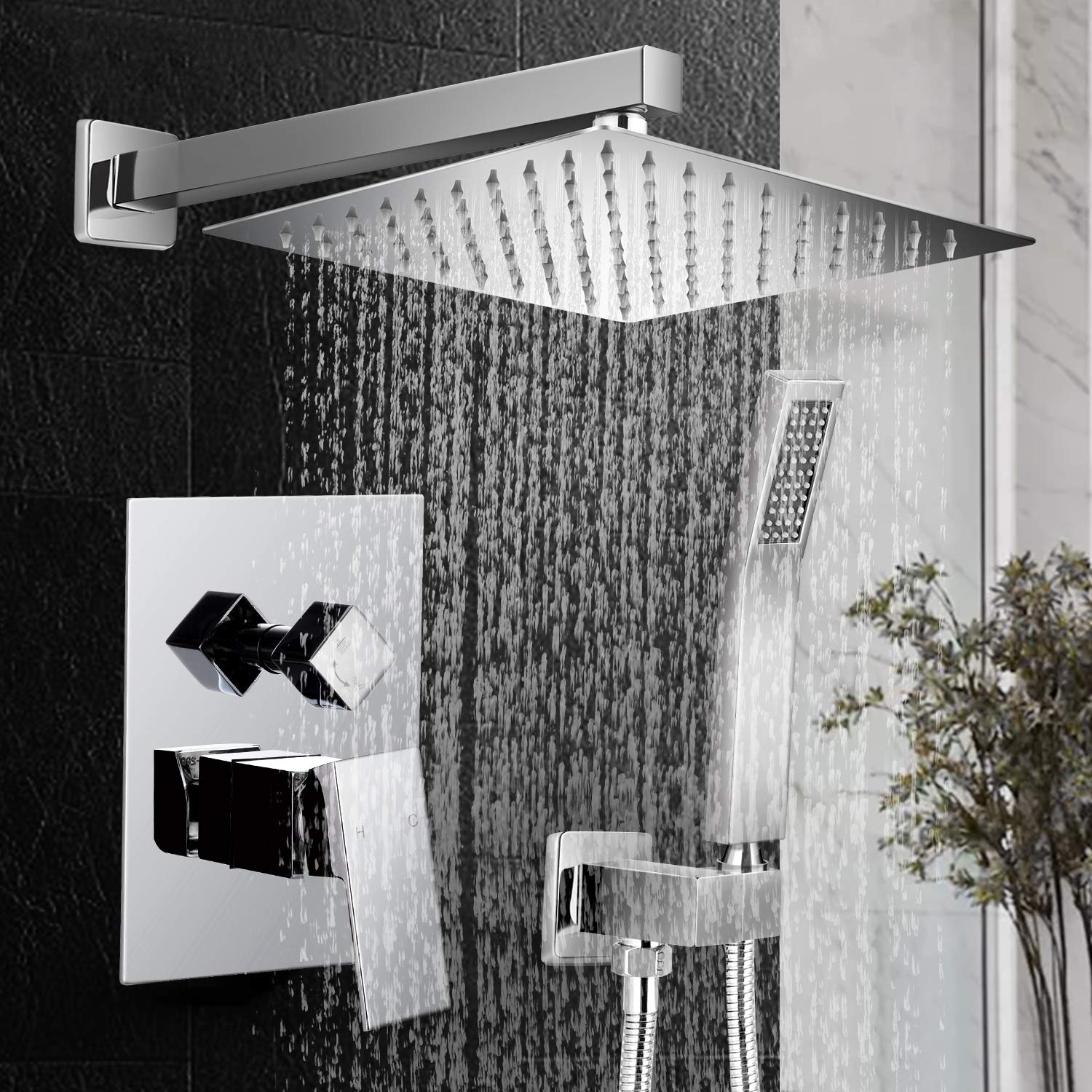Qomolangma 12 Inch Rain Shower System - Wall Mounted Bathroom Shower Faucet Set with Pressure Balance Valve, 2-Function Shower Head (Rain & Handheld Spray) - Perfect for Modern Bathrooms & Spa-Like Shower Experience