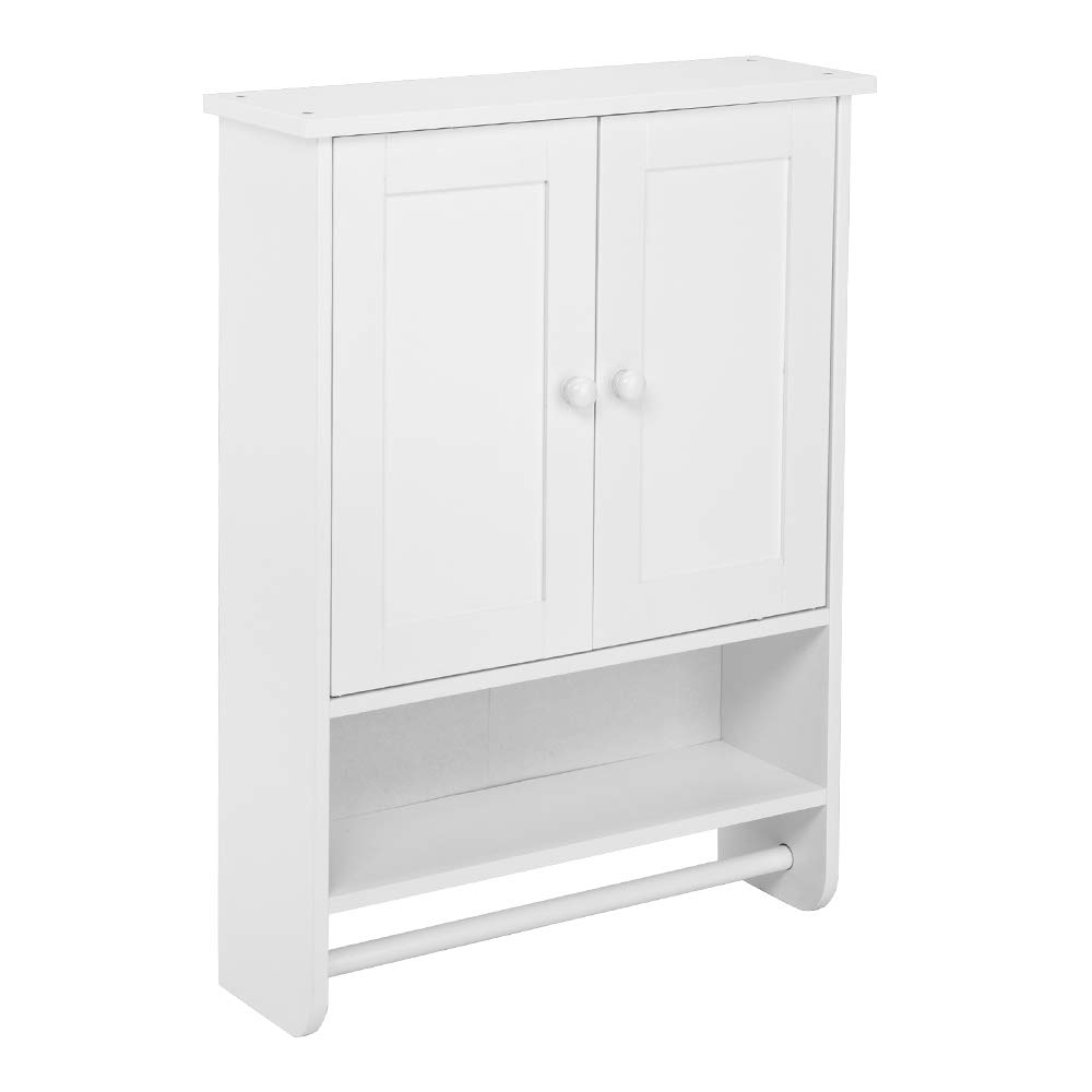 White Double Door Bathroom Wall Cabinet with Towel Bar - Hanging Medicine Storage Organizer for Bathroom & Kitchen - Perfect for Small Space Organization, Bath Essentials Storage, and Home Decor