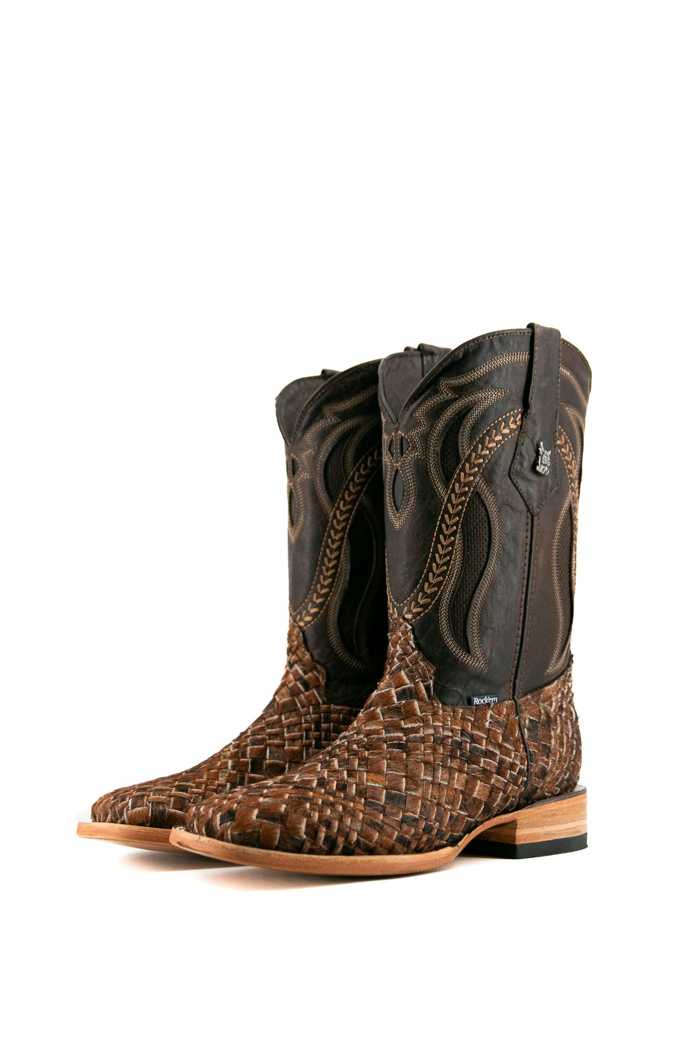 Rock'em Woven Cowhide Square Toe Cowboy Boots for Men - Western Style Leather Boots with Comfortable Fit - Perfect for Rodeo, Country Music Festivals & Casual Wear