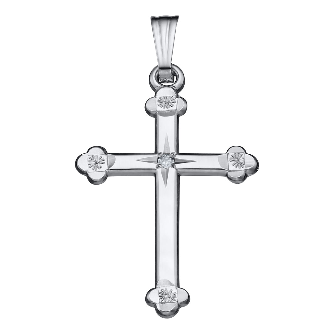 14K Diamond Sterling Silver Budded Cross Pendant Necklace for Women - Elegant Religious Jewelry Gift for Baptism, Confirmation & Everyday Wear