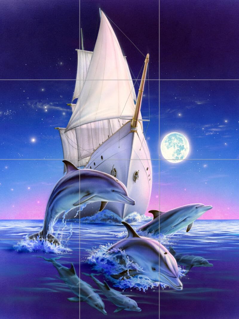 Dolphin & Whale Ceramic Backsplash Tile Mural - Underwater Ocean Fish Theme for Kitchen, Bathroom & Shower - Dolphins & Yacht Design by Robin Koni - Perfect for Coastal, Nautical & Beach House Decor