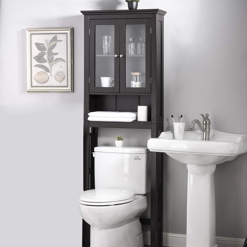 Glitzhome Free Standing Wooden Bathroom Storage Cabinet with Glass Double Doors & Adjustable Shelf - Multifunctional Espresso Organizer for Bathroom, Bedroom, or Entryway Storage Solutions