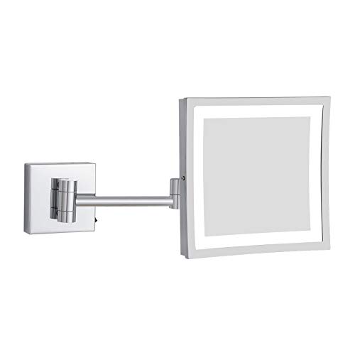 DOWRY Wall Mounted LED Lighted 5X Magnifying Square Makeup Mirror with Plug - Polished Chrome Finish - Perfect for Bathroom Vanity, Dressing Room & Professional Salon Use - Model Dowry1802D-8x5