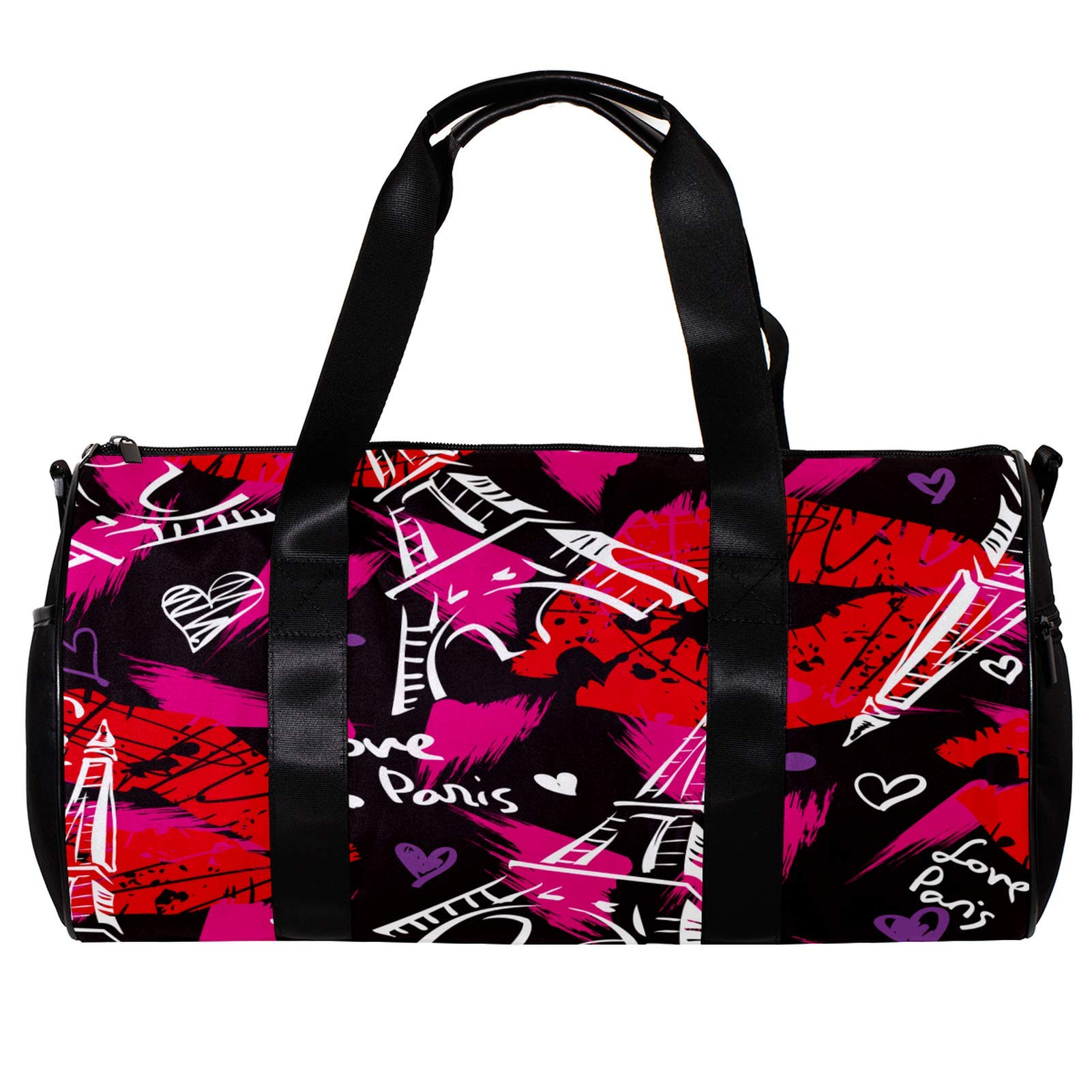 Premium Sports Duffel Bag for Gym, Fitness & Travel - Waterproof Barrel Duffel with Eiffel Tower Graffiti Design (Red) - Perfect for Workouts, Overnight Trips & Sports Gear Storage