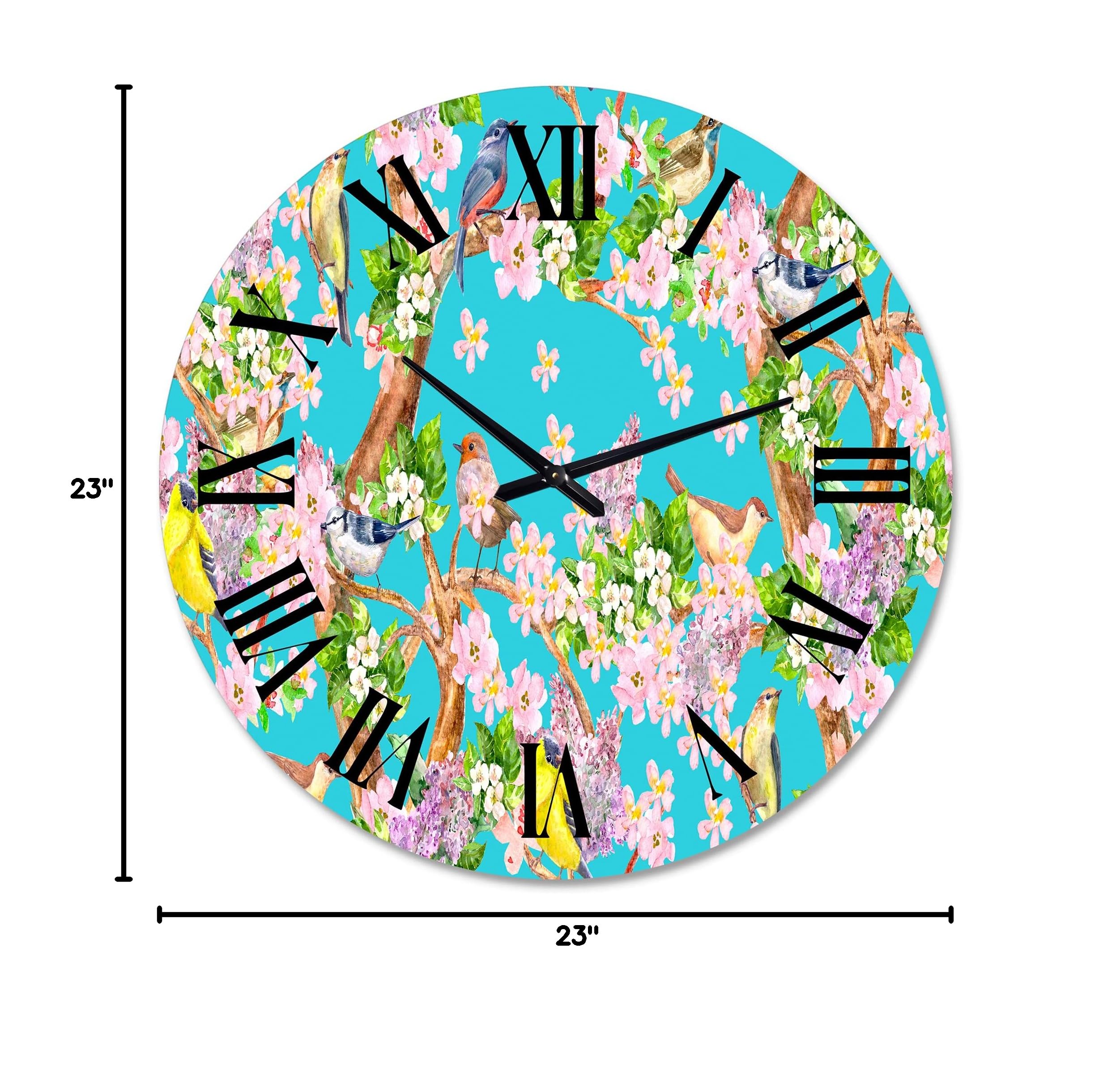 DesignQ Traditional Wall Clock - Large Decorative Clock with Little Birds on Spring Flowers for Home & Office Decor | Perfect for Living Room, Bedroom, and Workspace