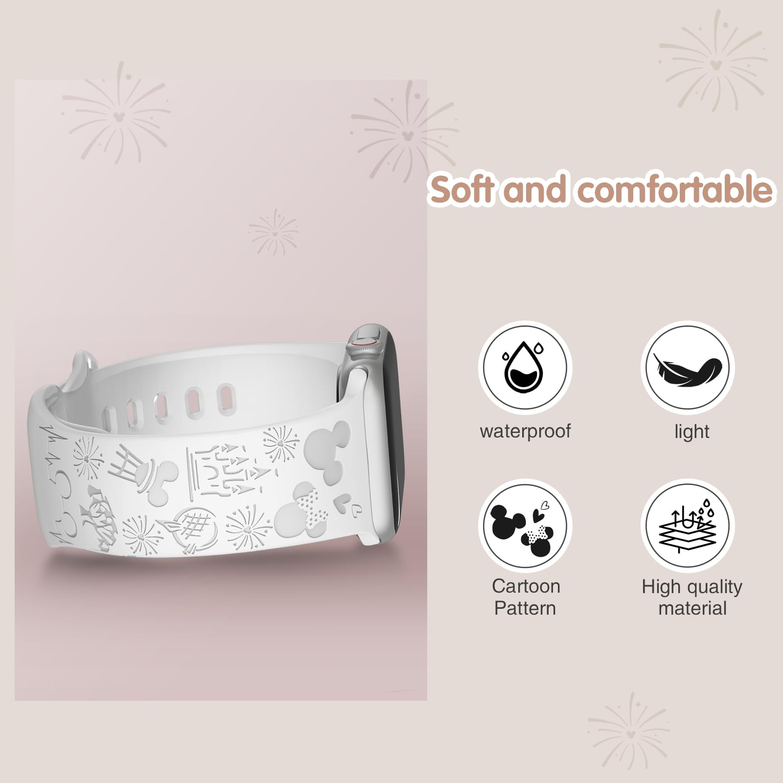 3 Pack Cute Cartoon Engraved Apple Watch Bands - Soft Silicone Strap Compatible with iWatch Series 8/7/6/SE/5/4/3/2/1/Ultra (38mm 40mm 41mm 42mm 44mm 45mm 49mm) - Fashion Wristband for Women & Girls - Perfect for Workouts, Daily Wear & Gift Giving