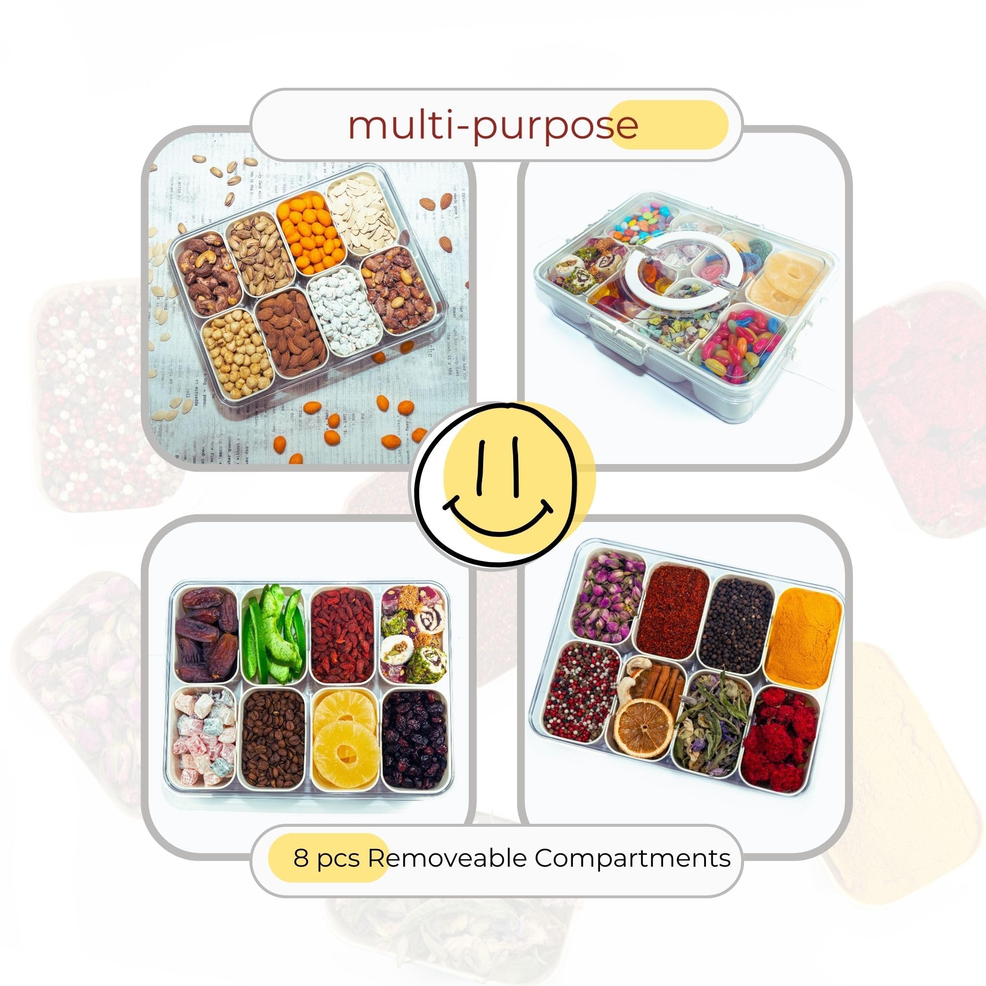 Smart Divided Snack Box with Lid & Handle - 8 Compartment Bento Lunch Box, Charcuterie Tray, Veggie Platter & Candy Organizer | Perfect for Meal Prep, Picnics, Parties & On-the-Go Snacks
