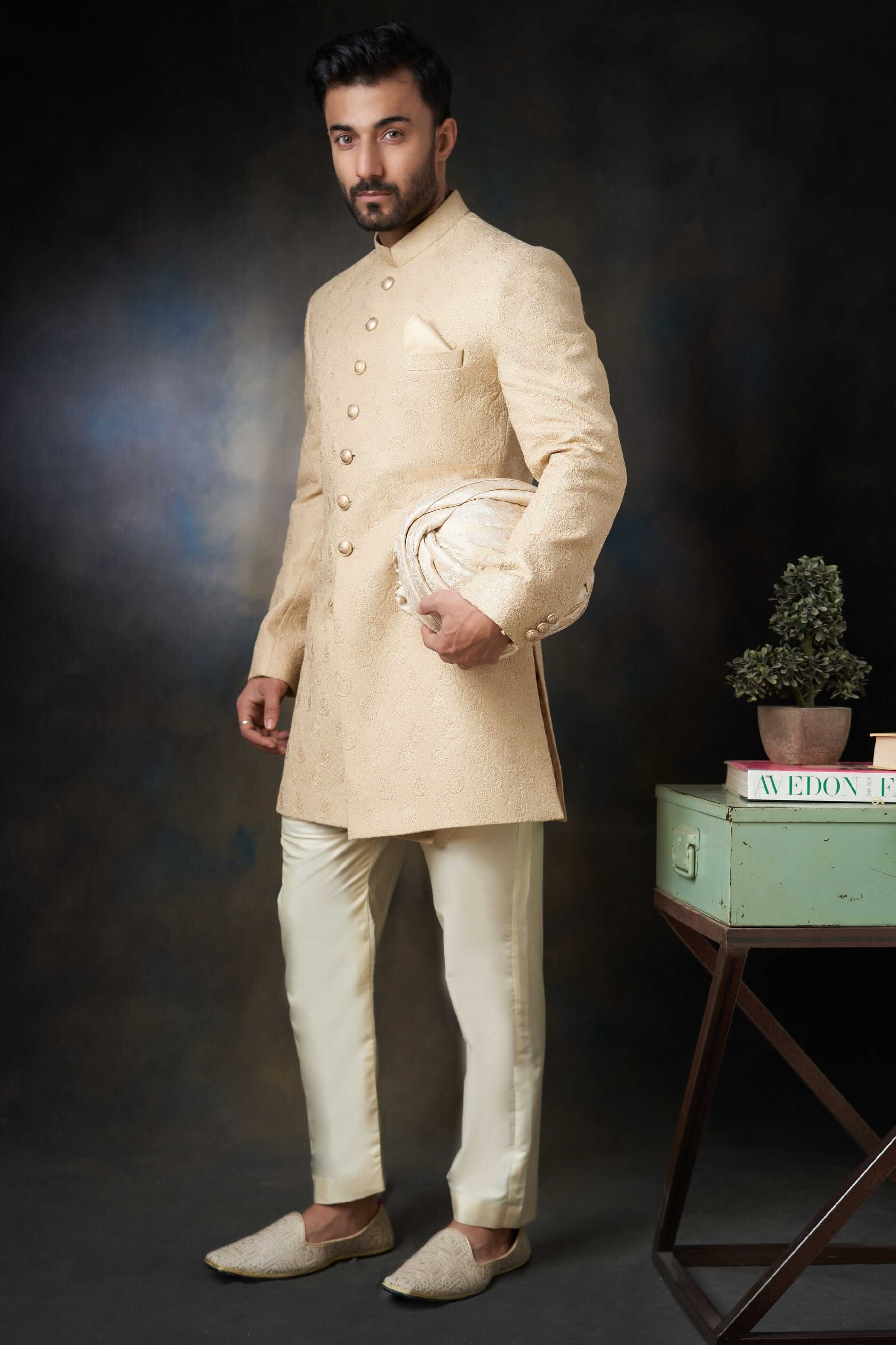 Luxury Gold Paisley Raw Silk Sherwani for Men with Custom AI Signature Buttons - Perfect for Weddings, Indian Festivals & Special Occasions